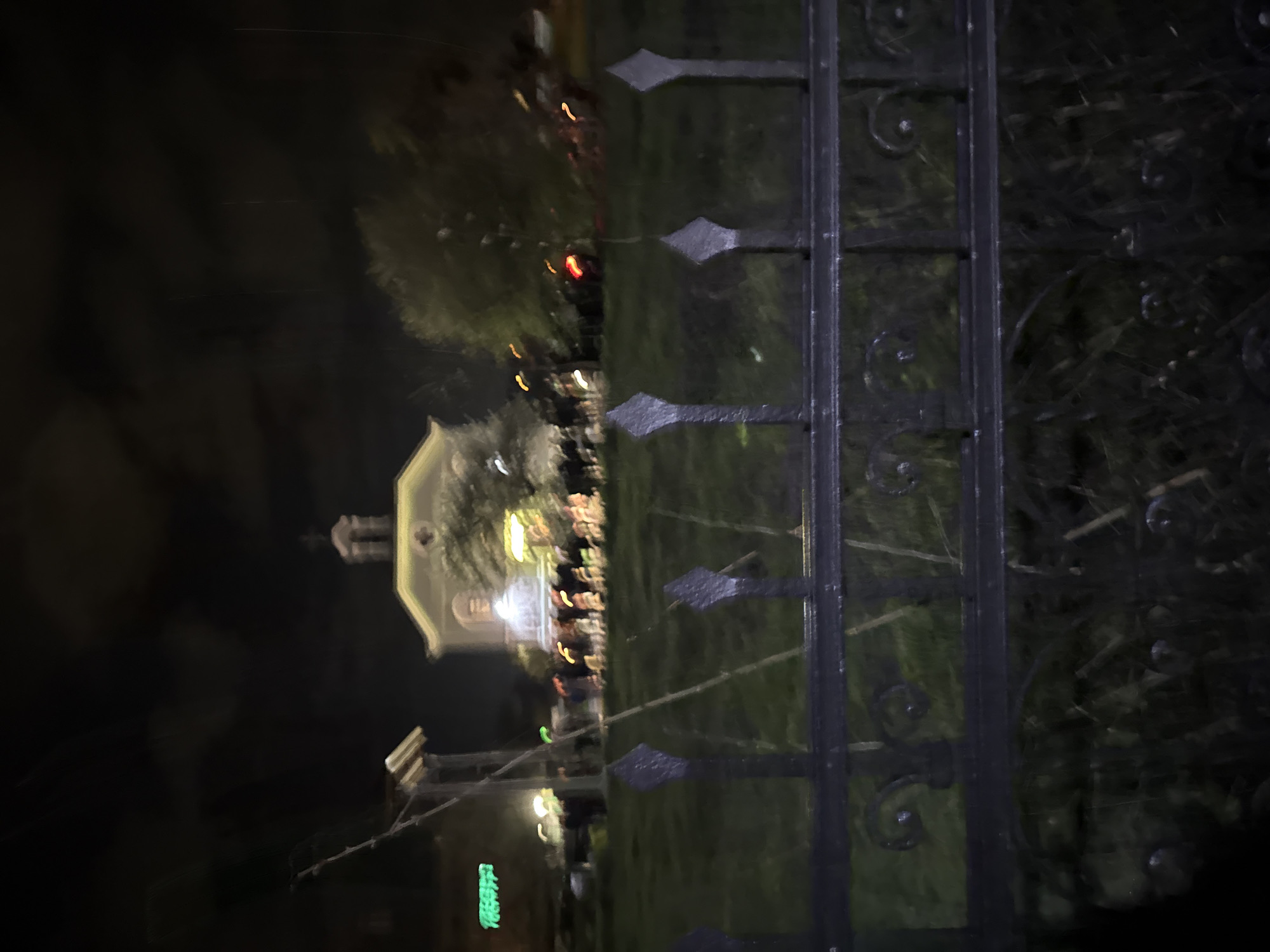 At night, a blurred view through a black metal fence with decorative swirls captures a building with a dome illuminated in the distance. To the left, partially visible through the fence and in front of the building, is a sign with green lettering, and people are blurred in the space between the fence and the building. The environment is dimly lit, with trees also blurred in the background. The location is likely a cemetery or a similar historic area in Sofia, Bulgaria, due to the building's architectural style.