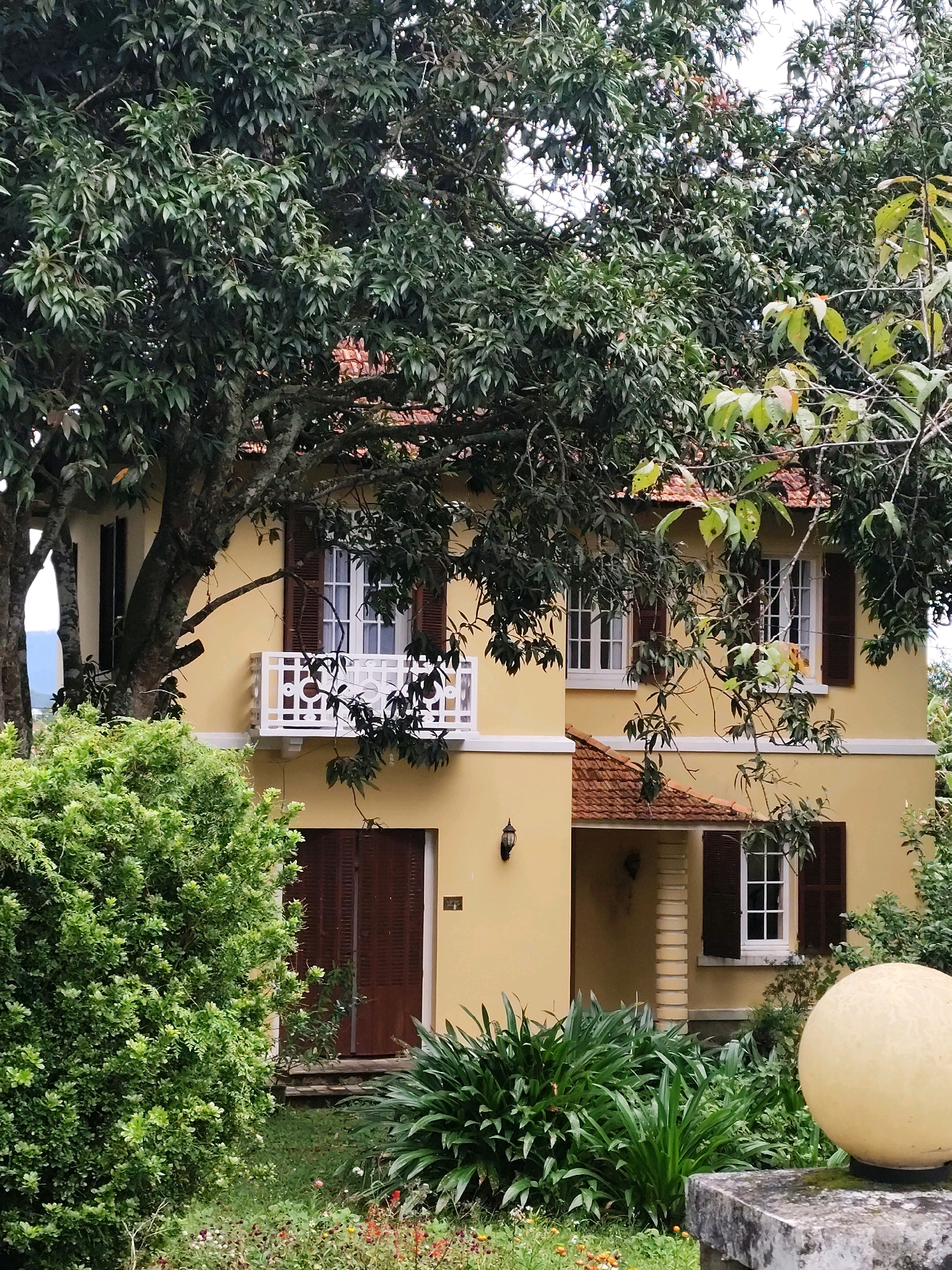 The image depicts a two-story yellow house with brown shutters and a red tiled roof, partially obscured by lush green foliage and trees. A white railing balcony is visible on the upper floor. The scene is set in Da Lat, Vietnam, a city known for its French colonial architecture and surrounding natural beauty. The foreground features dense green bushes and a garden area with some small flowers. A large, light-colored spherical object sits on a stone pedestal in the lower right corner. The overall impression is one of a charming, residential property surrounded by abundant greenery. There are no people or animals visible in the image.