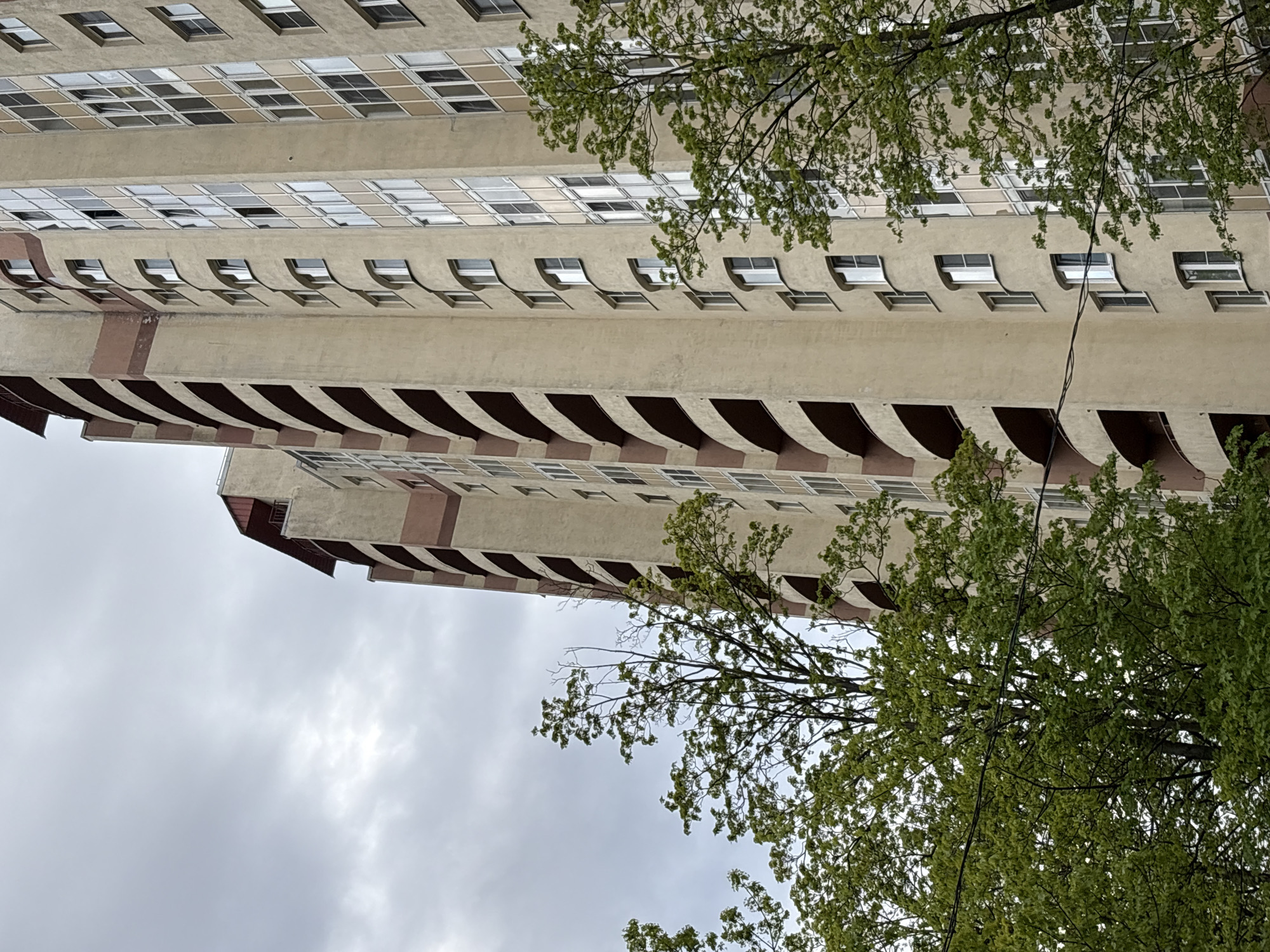 The image shows a tall building in St. Petersburg, Russia, viewed from a low angle. The building has a light beige facade with repetitive window patterns and a distinctive architectural detail of dark brown, arched sections along some floors. The sky is overcast. Green trees partially obscure the view of the building's upper sections. An electrical wire is also visible against the background of the building and foliage.