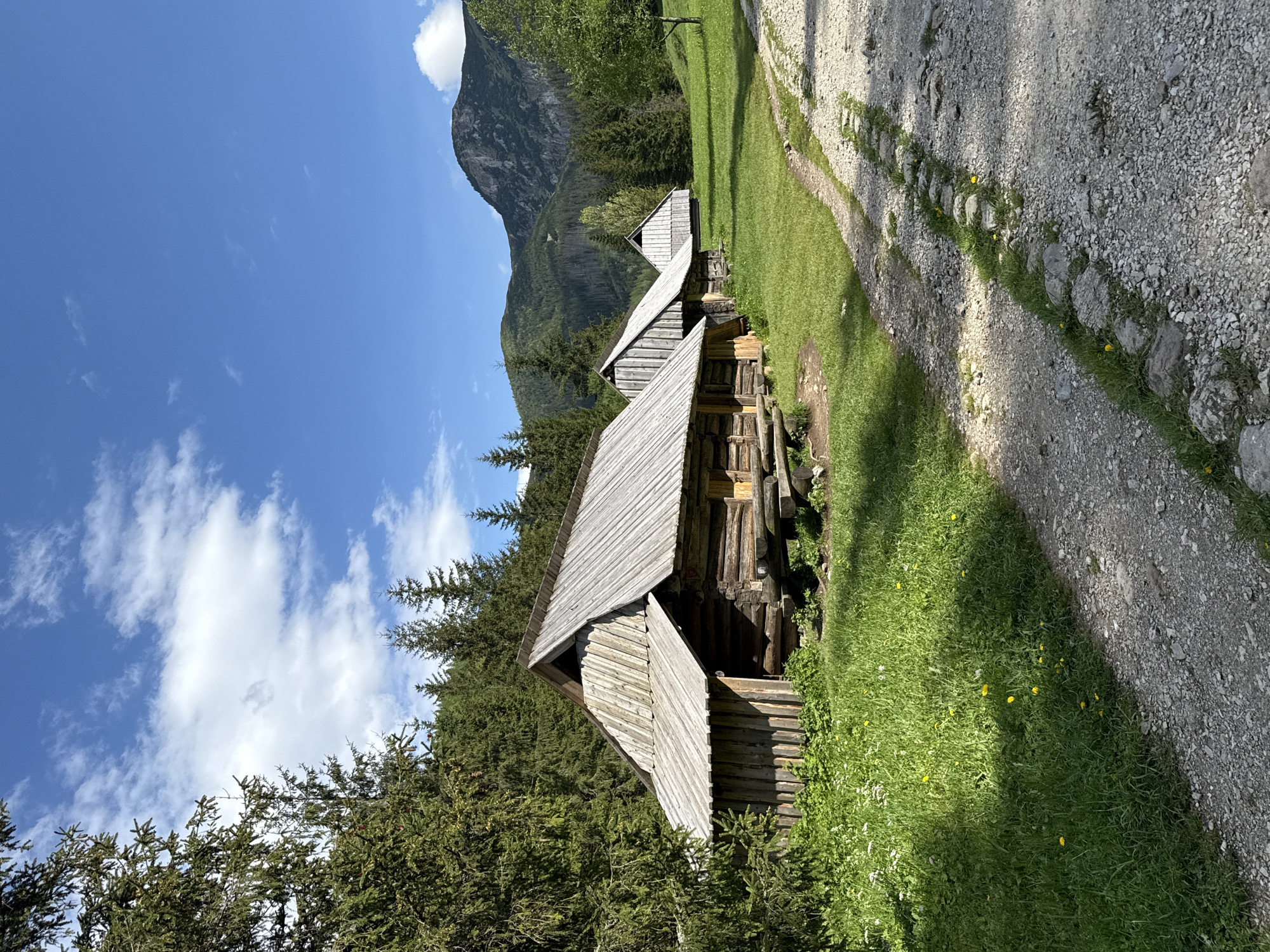 This photograph captures a serene mountain landscape in Zakopane, Poland, featuring traditional wooden architecture amidst natural beauty under a bright, clear sky. The scene is anchored by several rustic log cabins with distinctive wooden shingle roofs, constructed from rough-hewn timber. The closest cabin, prominently situated in the left-center, displays intricate log construction and a steep roof, partially nestled among dense evergreen trees. Another similar cabin is visible further back, blending into the forested backdrop.
A winding gravel path, light in color, traverses the right side of the image. This path is bordered by lush green grass and features a decorative line of embedded stones, interspersed with patches of grass and small yellow wildflowers, likely dandelions. The surrounding terrain is covered in vibrant green grass, with varying light and shadow indicating strong sunlight.
Dense evergreen forests dominate the middle ground and extend towards the imposing mountains that form the backdrop. These mountains appear rugged and dark against a vivid blue sky, which is dotted with scattered white cumulus clouds. The bright illumination and distinct shadows suggest a sunny day, likely during late morning or early afternoon. The overall impression is one of peaceful solitude in a traditional rural mountain setting. There are no people or visible text in the image.