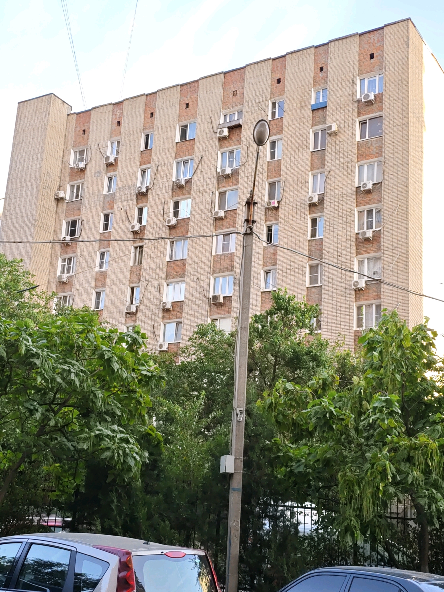 The image shows a multi-story apartment building made of light-colored bricks with vertical bands of red brick. Numerous windows and air conditioning units are visible on the building's facade. In the foreground, lush green trees with long, drooping seed pods obscure the lower portion of the building and extend across the bottom of the frame. A street lamp with a visible light fixture stands to the right of the building, and power lines crisscross the sky. The rear of a silver car and the roof of a dark-colored car are visible at the bottom of the image. Based on the building's architectural style and the surrounding vegetation, this scene is likely located in Rostov-on-Don, Russia.