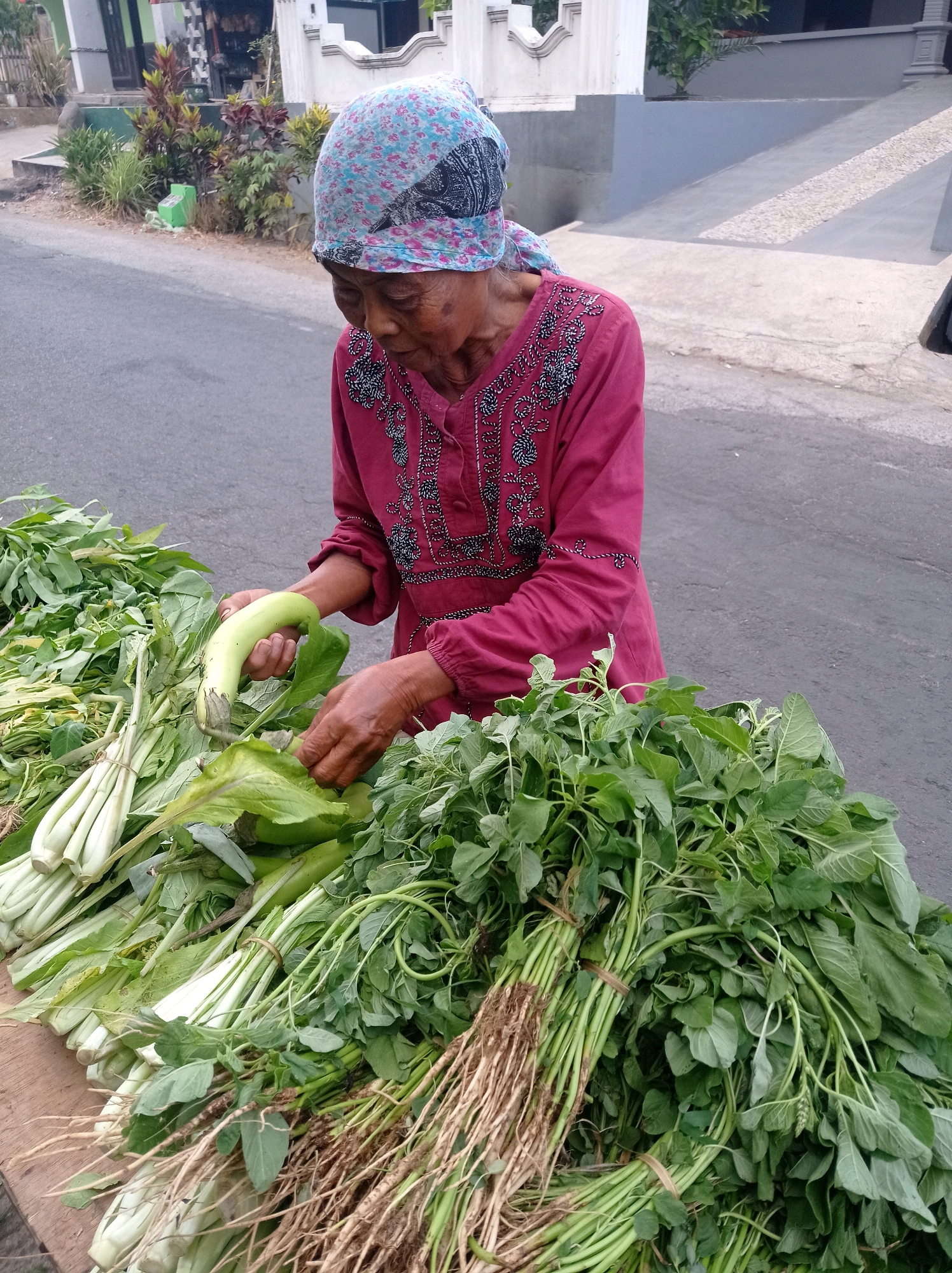 An elderly woman, wearing a colorful headscarf and a red shirt with embroidered details, stands behind a wooden stall laden with fresh vegetables on a paved road. She is holding a light green, elongated vegetable, possibly an eggplant, and appears to be arranging it. The stall displays bundles of leafy green vegetables, some with roots still attached, suggesting they are freshly harvested. In the background, a street in what appears to be a residential area of Purwosekar, Indonesia, is visible, with houses and foliage lining the road. The lighting suggests it is daytime, possibly morning or late afternoon.