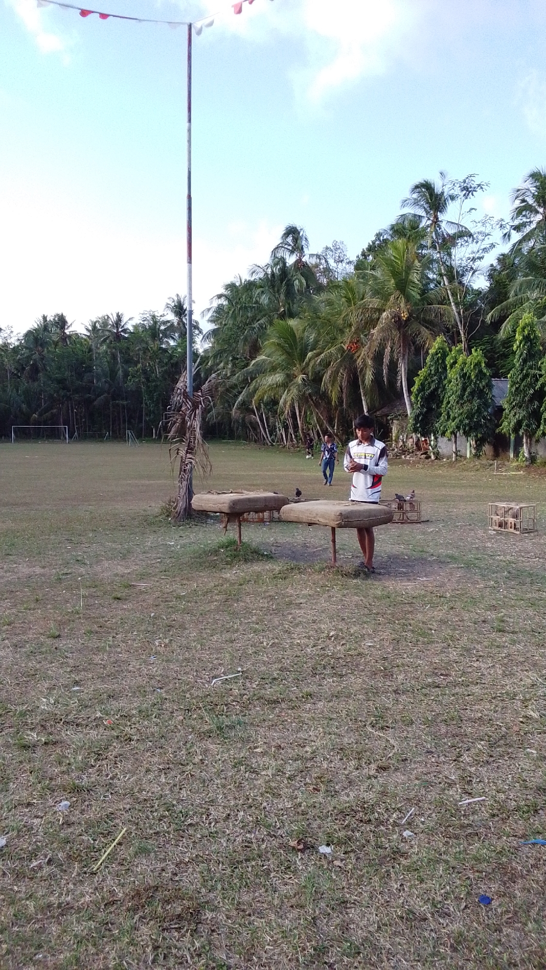 In Cintaratu, Indonesia, a young male stands in a grassy field, looking down at his hands. He is wearing a white long-sleeved shirt with black and red accents. Behind him, two makeshift tables with cushioned tops are set up. A tall pole with a string of triangular flags is positioned to the left of the frame. In the background, palm trees and other foliage line the edge of the field. Two soccer goals are visible in the distance. Several chickens are present around the tables and in a wooden cage to the right. The ground is covered in dry grass and some scattered debris. The sky is a light blue with some clouds.