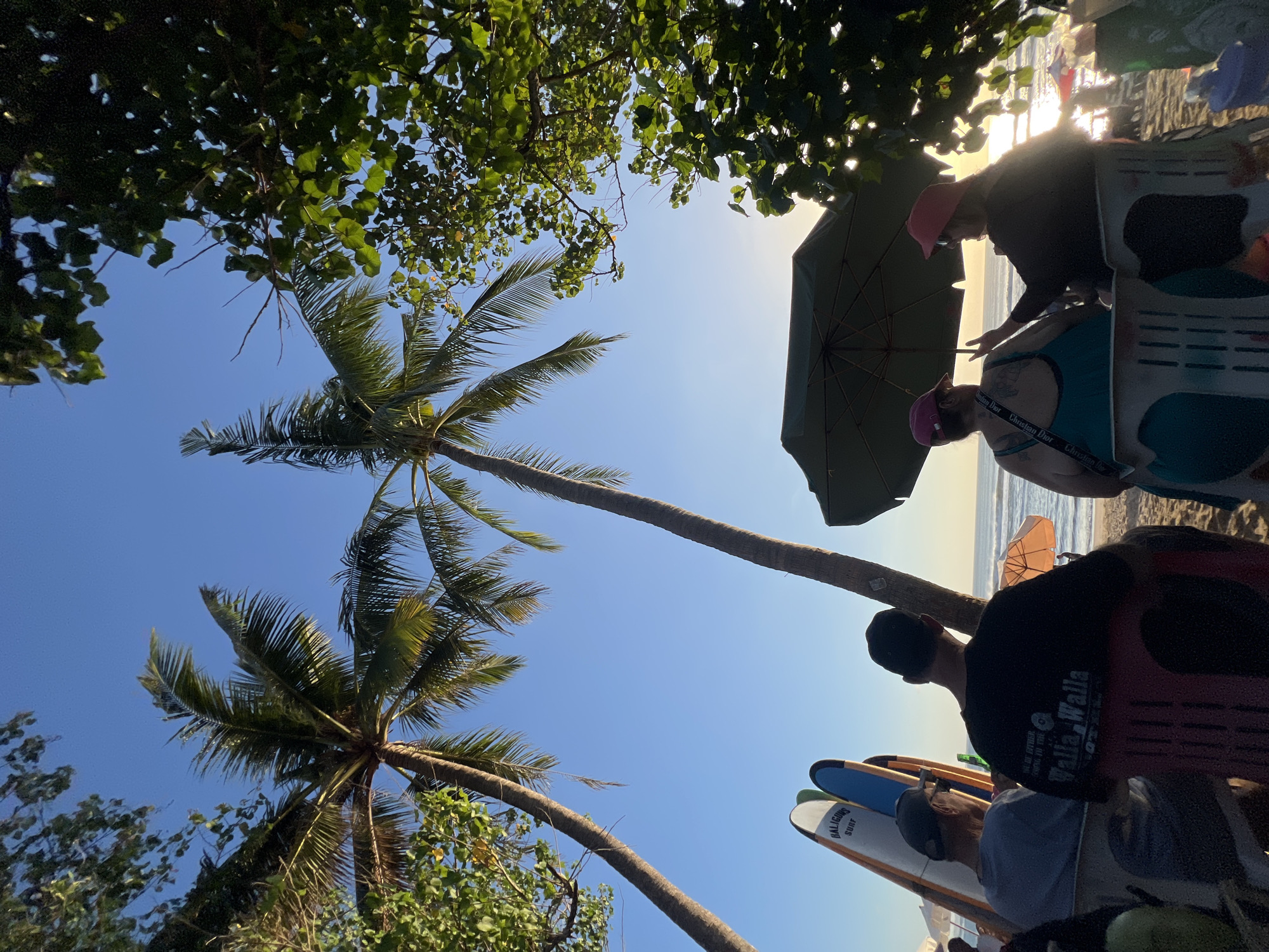 The image depicts a beach scene in Kuta, Indonesia, with several people seated on chairs under palm trees. Two surfboards are propped up, suggesting a surfing location. The setting sun casts a warm glow on the ocean, where gentle waves are visible. In the foreground, four individuals are seated, with three facing away from the camera. One person in the center wears a black t-shirt with "Walla Walla" printed on the back. Two individuals to their right appear to be conversing, with one gesturing. The environment includes lush green foliage framing the scene, a dark green umbrella providing shade, and a clear blue sky.