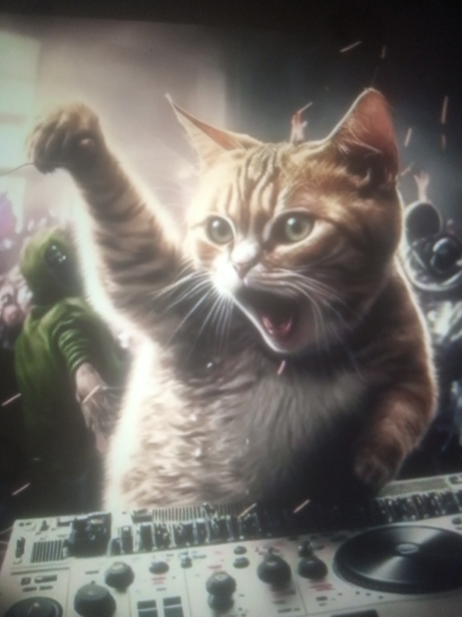 The image depicts a surreal, digitally rendered scene of a ginger tabby cat appearing to DJ at a crowded event. The cat is in the foreground, with its paw raised and mouth open, seemingly in the midst of speaking or singing. It is positioned behind a DJ mixer with various knobs and buttons. In the background, a blurry crowd of people with raised arms and what appear to be party lights can be seen. To the left of the cat, a figure in a green hooded garment is visible, also with a raised arm. The overall atmosphere suggests a lively, energetic party or concert. There is no discernible visual information that would place this image in Tundun Wada West, Nigeria; it appears to be a fantastical digital creation rather than a photograph of a real-world location.