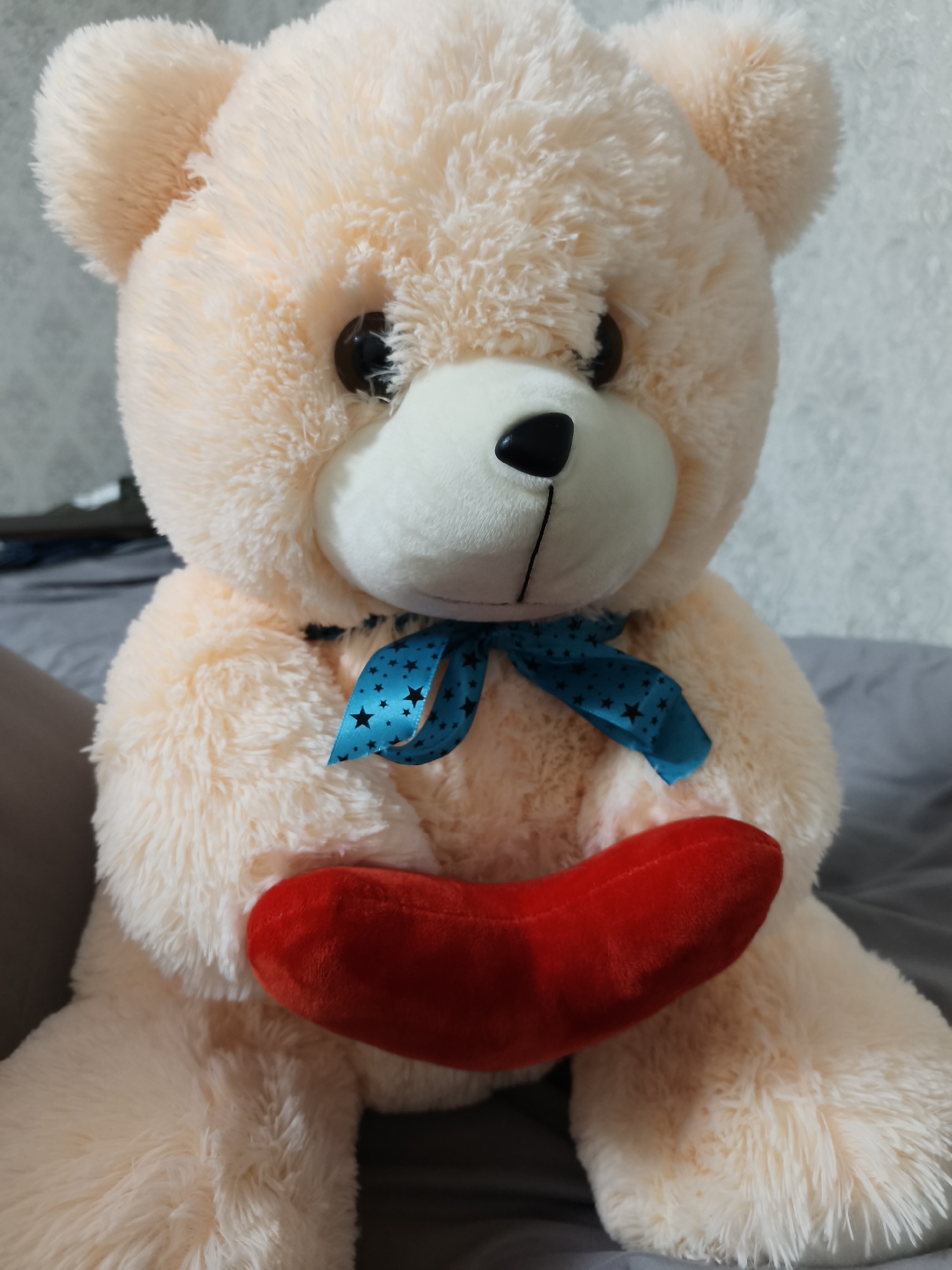 A close-up shows a stuffed teddy bear holding a red heart-shaped pillow. The bear is light peach-colored with fluffy fur, black button eyes, a white snout, and a black nose. It wears a blue ribbon with black stars around its neck. The bear is sitting on a gray surface, possibly a bed. The background is blurred, but a textured light-colored wall is visible. The location is inferred as Kryvyi Rih, Ukraine. There is no activity or interaction depicted beyond the bear holding the heart.