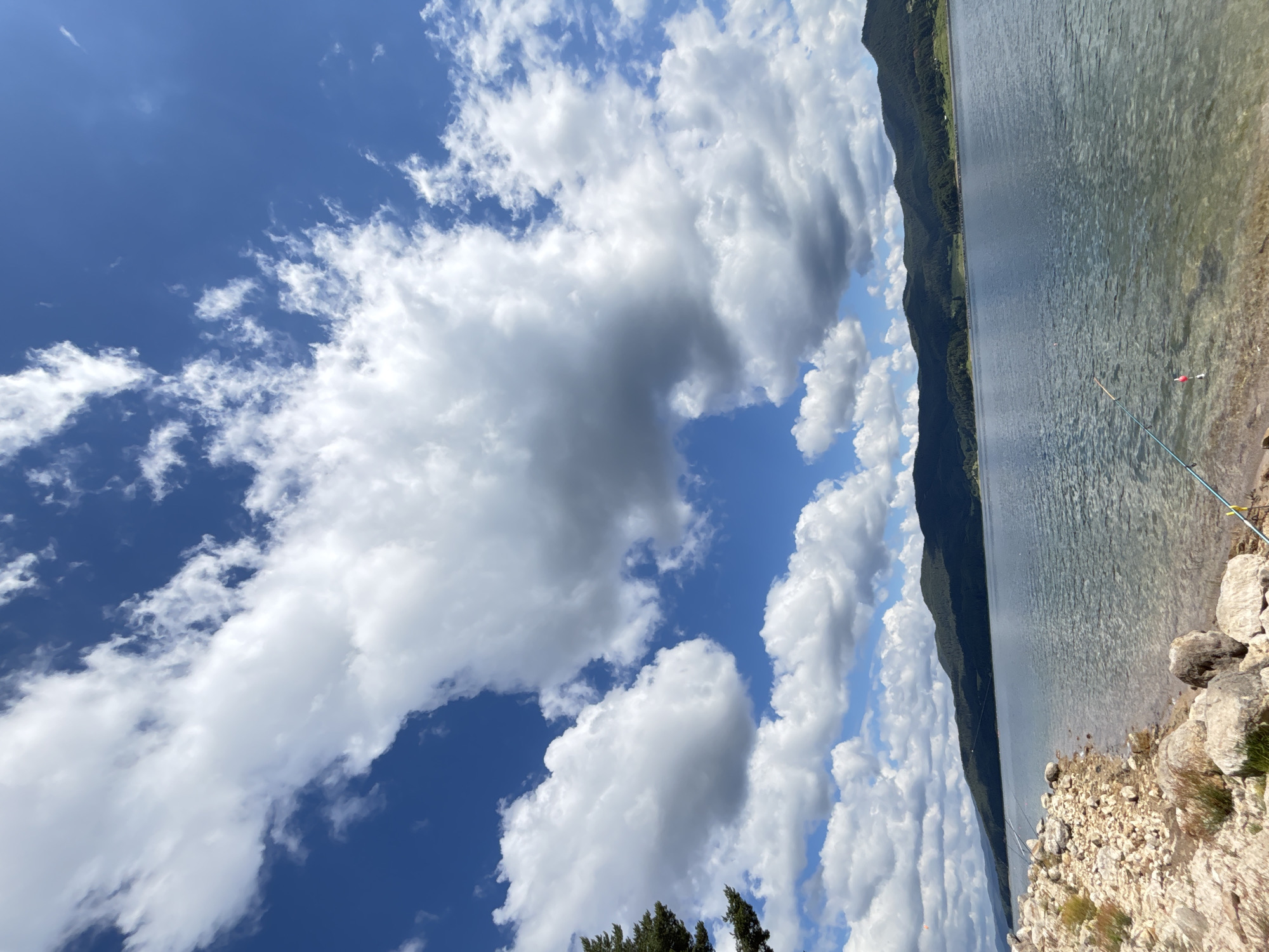 The image depicts a serene lake scene under a bright blue sky dotted with large, fluffy white clouds. The foreground features a rocky shoreline with scattered boulders and dry vegetation. The water is clear and calm, reflecting the sky and the distant treeline. In the middle ground, a vast expanse of water stretches towards a treelined mountain range under the horizon. Several fishing rods are visible along the shore, with one in the foreground displaying a red and white bobber. The overall impression is one of a peaceful, outdoor recreation setting.