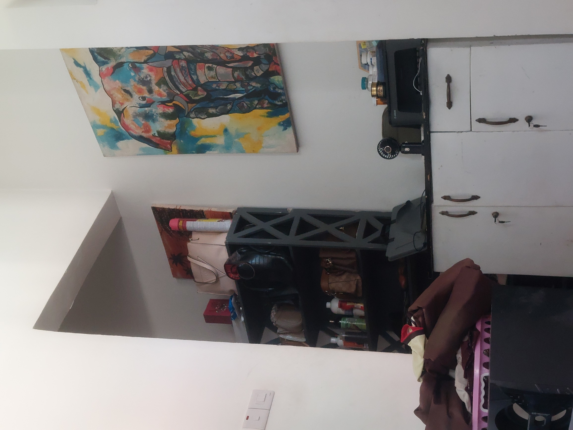 The image depicts an interior scene. On the upper left of the frame, there is a painting of an elephant in blue, red, and yellow hues mounted on a white wall. To the right of the painting is a white cabinet with metal handles and keyholes, next to a black television set with a small black fan attached. Below the painting is a display shelf filled with bags, bottles, and other items. A light switch is mounted on the wall near the bottom of the frame. A brown garment hangs between the shelf and the cabinet. No people are visible in the image. There is no discernible evidence in the photograph to support the claim that this image was taken in the city of Dar es-Salaam, Tanzania.