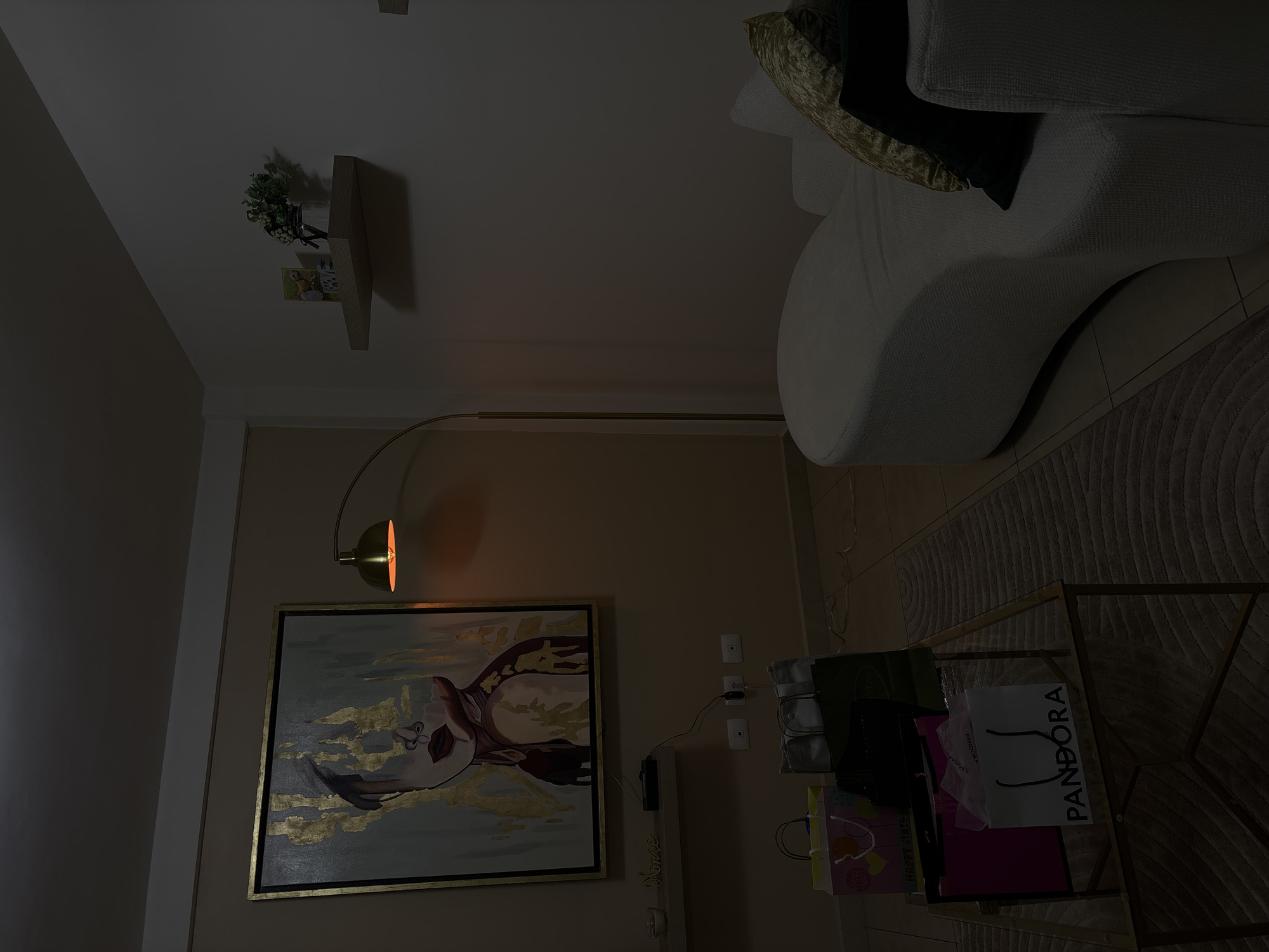 This is an interior scene, likely in Puebla, Mexico, though that cannot be determined from visual information. The room is dimly lit by a floor lamp situated next to an abstract painting of a face with gold accents. The room contains a white couch with pillows, a coffee table cluttered with shopping bags (including a Pandora bag), and a wall shelf with a small plant and picture frame. There are no visible people.