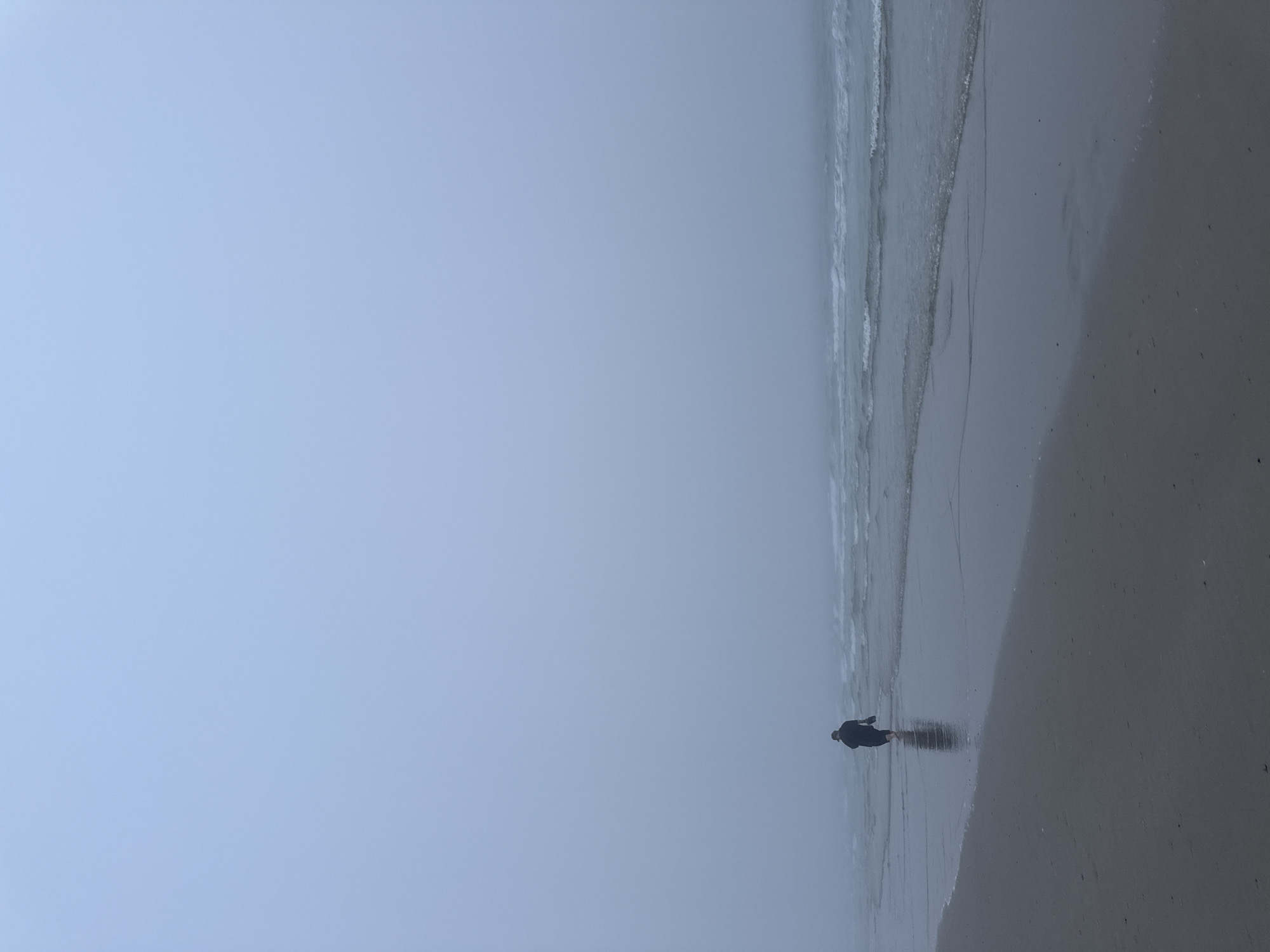 A lone figure, silhouetted against the pale, foggy sky, walks along the wet sand of a beach. The figure is wearing dark clothing, possibly a coat, and appears to be walking away from the viewer towards the ocean. The water is a light grey, with gentle waves lapping at the shore, partially obscured by the fog. The sand in the foreground is dark and reflective, showing the imprint of the figure's footsteps. The horizon is indistinguishable due to the thick fog, creating a sense of isolation and vastness. The overall mood is serene and melancholic. The scene is likely on the coast of Langeoog, Germany, a barrier island known for its wide beaches and frequent fog.