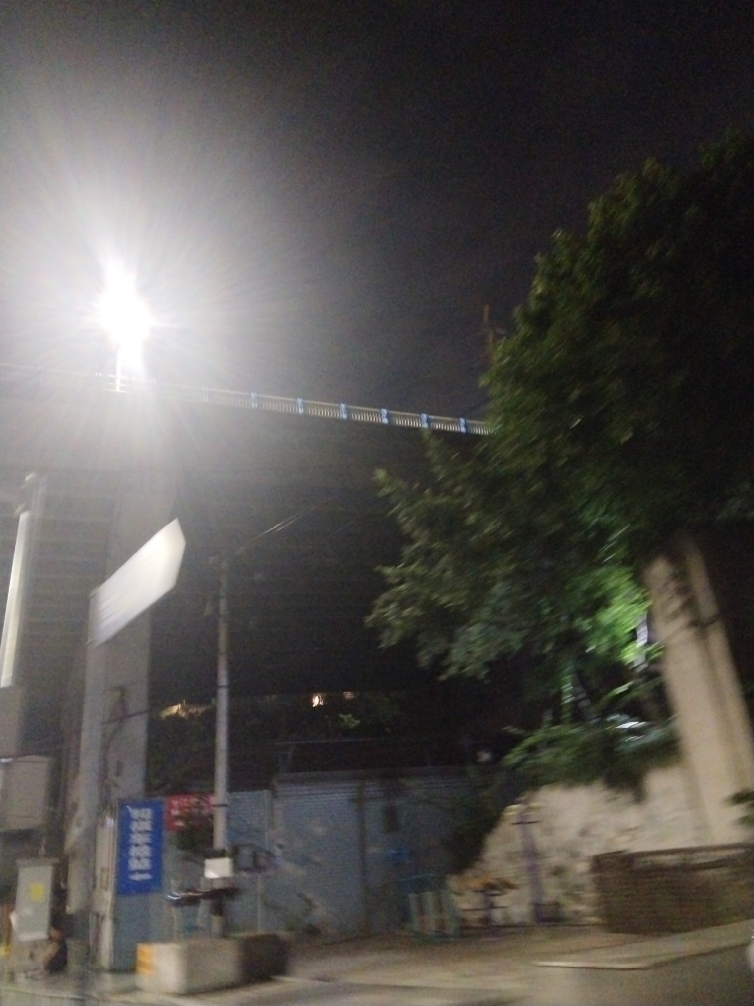 At night in Jiulongpo District, China, a blurred photograph captures a street scene. A bright street light illuminates a bridge overhead, casting a glare in the upper-left. A large tree stands to the right of the bridge. Below the bridge and tree are buildings, walls, and street signs. There is a person sitting on the street near the building with the blue street sign.