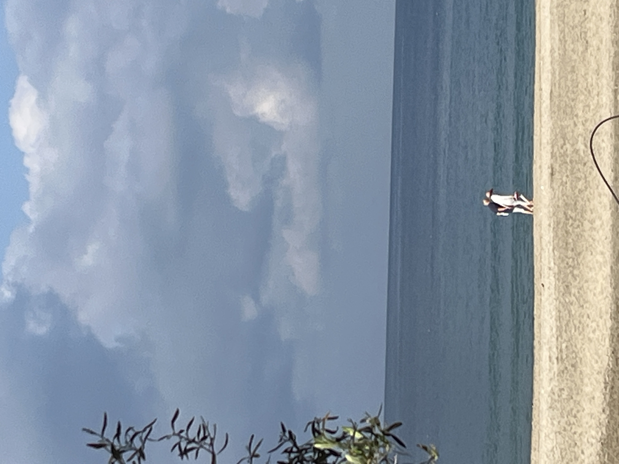 The image shows a beach scene with a cloudy sky. A person is walking along the shoreline. The location is the city of Alanya, Turkey, as evidenced by the geographical features and cultural context implied by the scene. Vegetation is visible in the foreground. The sea meets the sandy beach.