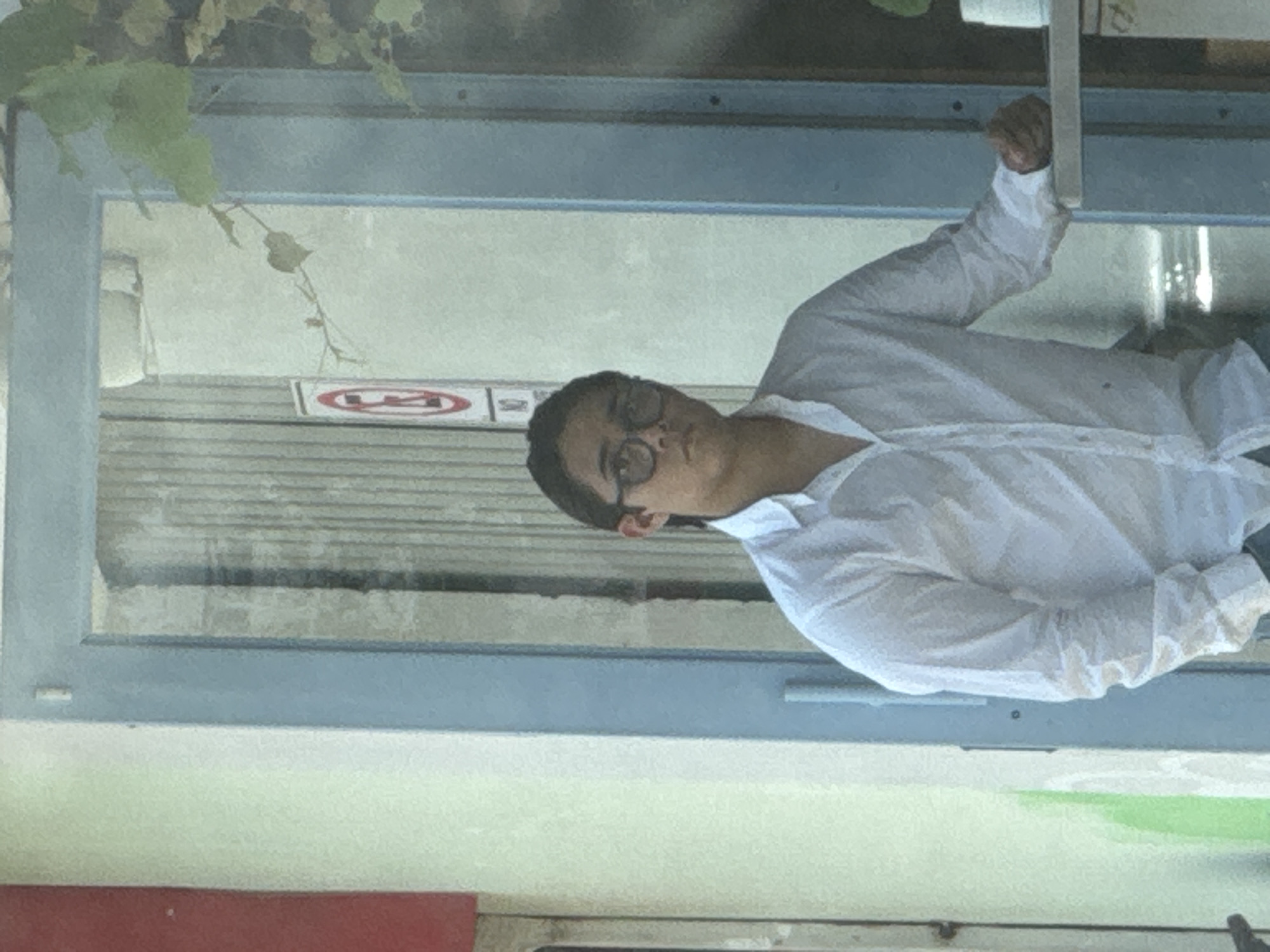 A person wearing a white, long-sleeved shirt and glasses is reflected in a window. The window frame is blue, and a "No Parking" sign is visible inside a structure through the window. Green foliage hangs on the outside of the window frame. Elements in the foreground include red and light green sections, possibly part of the building's exterior. The person appears to be holding the top of the window frame. The location is Puebla, Mexico.