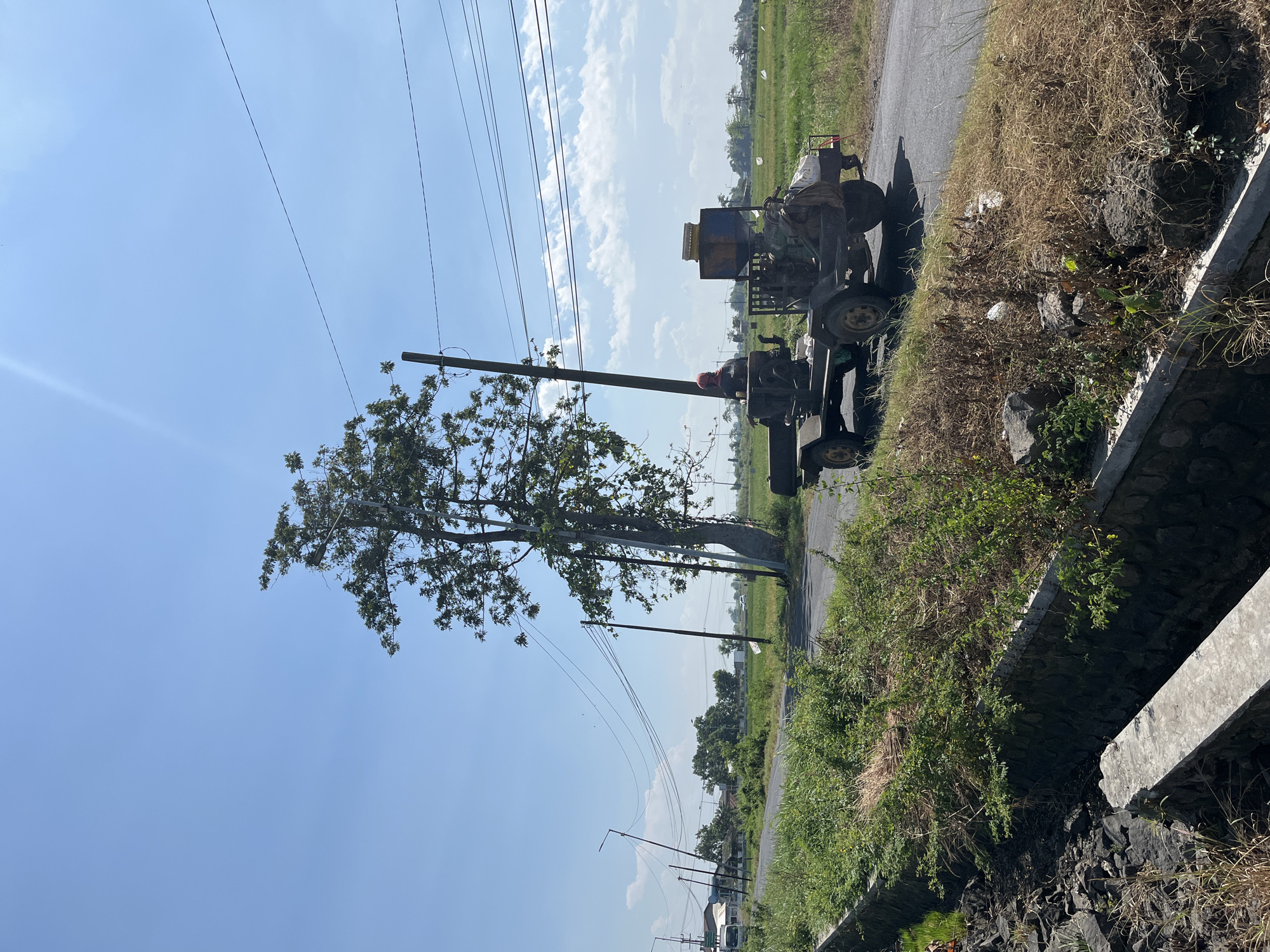 The image depicts a scene in the city of Pesawahan, Indonesia. A person wearing a red head covering is seated on a trailer connected to a vehicle. The vehicle and trailer are positioned on an asphalt road, which is bordered by a dry, grassy embankment on the right and a stone-lined ditch with vegetation on the left. In the background, a large tree stands tall, and beyond it, a green rice paddy field stretches towards the horizon. Several utility poles with overhead wires are visible along the road. The sky is clear and blue with a few scattered white clouds. A second, white vehicle can be seen in the distance, further down the road. The overall environment suggests a rural or semi-rural setting.