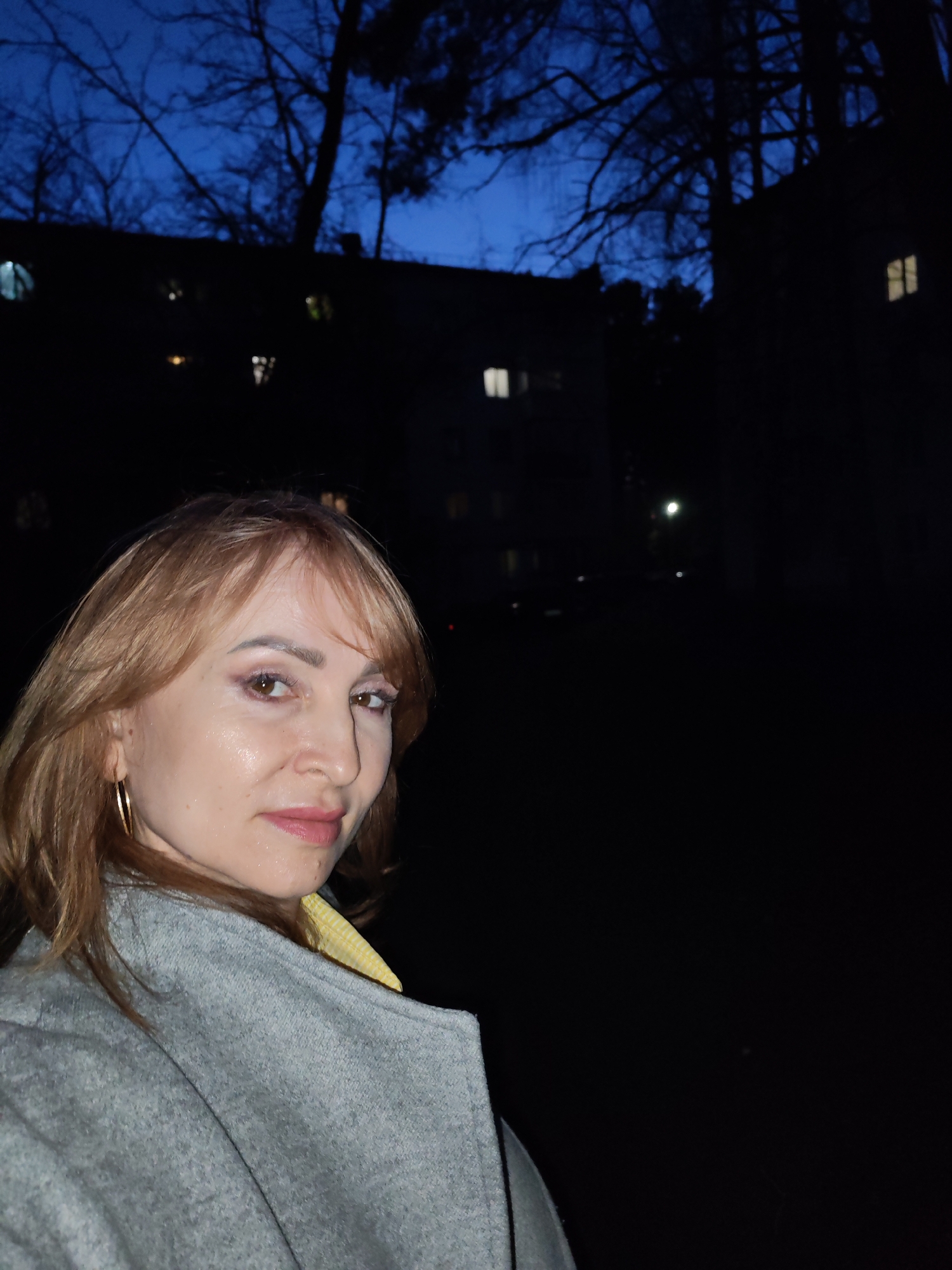A woman with reddish-brown hair and bangs, wearing a light gray coat and a yellow checkered shirt, is captured in a close-up portrait, looking over her right shoulder towards the camera. She has gold hoop earrings and a calm expression with a subtle smile.
The scene is set outdoors at dusk or night in what appears to be an urban or suburban area of Chaikovsky, Russia. The background is largely dark, with a deep blue sky visible above a silhouette of bare trees. Below the trees, dark buildings are partially visible, with several windows illuminated, casting a soft, artificial glow. A distant street light is also faintly discernible in the dark environment. The low light conditions create a moody atmosphere, with the artificial lights providing the only significant illumination apart from the faint sky. There is no visible text.