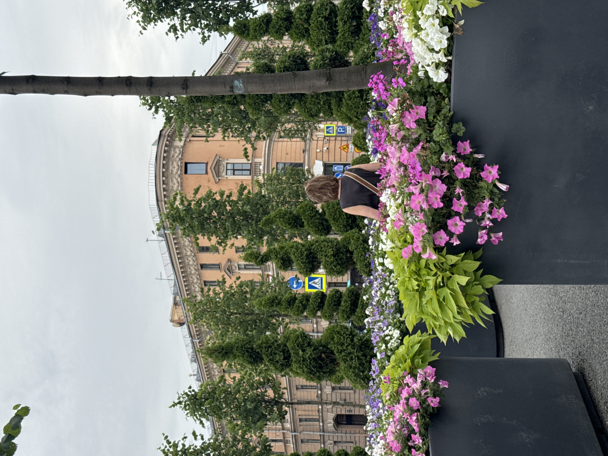 A woman stands with her back to the camera in a park in Saint Petersburg, Russia. She is wearing a black sleeveless dress and a brown strap across her chest. In front of her is a large planter filled with pink and white flowers. Behind the planter, there are several tall, cone-shaped green trees and a mature tree trunk. In the background, a multi-story building with light orange walls and ornate trim is visible. There are also street signs in the background, one a blue circular sign with a white arrow and a yellow triangle with a black pedestrian symbol. The sky is overcast.