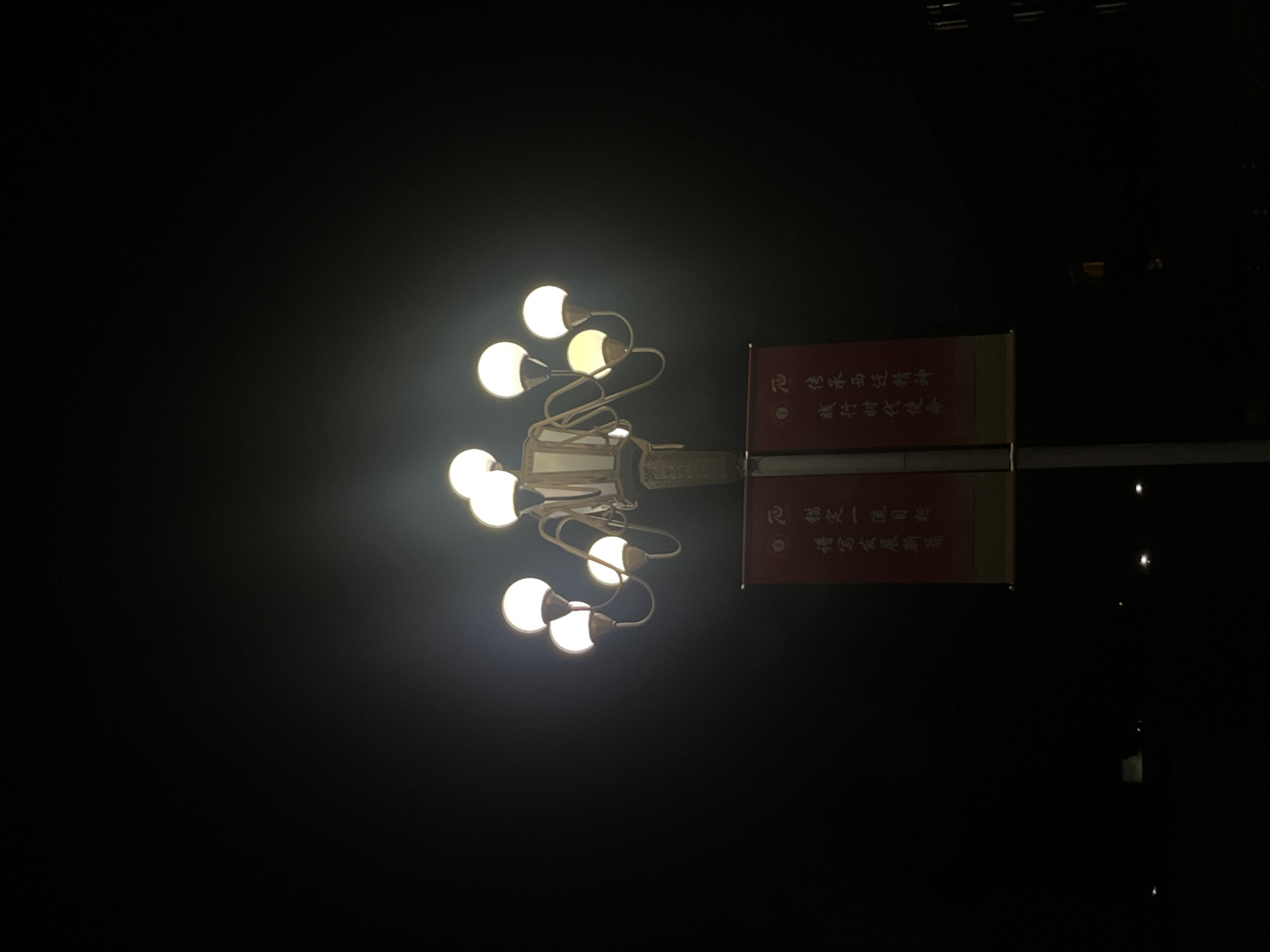 The image depicts a brightly illuminated ornate street lamp against a dark night sky in Yuzhong District, China. The central lamp post is topped by a multi-armed fixture holding eight spherical light bulbs that emit a warm white glow, creating prominent light halos. Below the main light fixture, two vertical rectangular banners are attached to the lamp post. Both banners are red with white or light-colored Chinese characters. The banner on the left (viewer's perspective) reads "锚定一流目标 谱写发展新篇" (Anchor first-class goals, write a new chapter of development). The banner on the right reads "弘扬红岩精神 践行时代使命" (Carry forward the Hongyan spirit, fulfill the mission of the times). The lower portion of the lamp post extends downwards, with a faint, indistinct glow suggesting ground level or distant lights. No people or other distinct objects are visible in the immediate dark background.