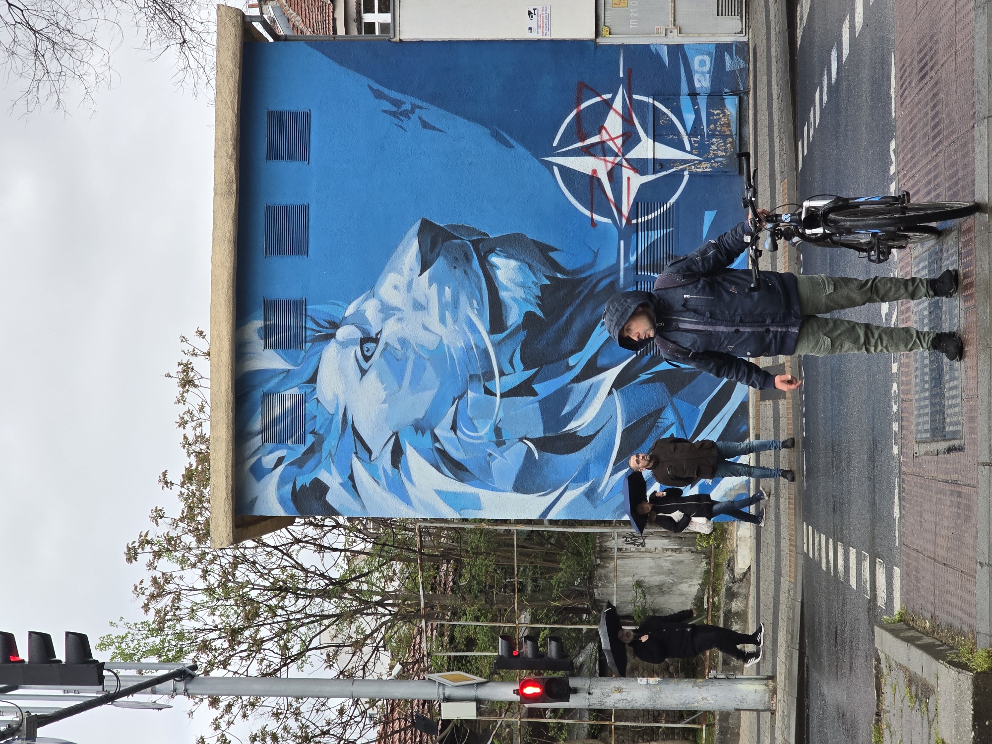 The image presents an urban street scene centered around a building adorned with a striking blue mural. The mural features a large, stylized head of a lion or wolf, rendered in dynamic shades of blue and white with sharp, geometric forms, its eye appearing fierce and bright. Above the animal's head, a prominent white NATO star emblem is depicted, with red lines, possibly graffiti or a design element, crossing it.
On the sidewalk in front of the mural, a man stands with a bicycle, wearing a dark hooded jacket and olive green pants. Further along the sidewalk, to the right, two other individuals are visible: one in a brown jacket and blue jeans, and another partially obscured person holding a dark umbrella. To the far left, another person in dark clothing and sneakers with white stripes is partially hidden by a traffic light pole.
The street, paved with asphalt and marked with white dashed lines, runs alongside the sidewalk. A traffic light pole in the foreground displays a red light, indicating a stop. The sky is overcast and grey, suggesting a cloudy day. Bare tree branches and some leafy trees frame parts of the scene. The building itself has three vertical metal vents on its blue wall. A small white sign with text, partially reading "TT 21 0...", is visible above the mural. The number "20" is also faintly visible on the blue wall, near the top right of the mural.