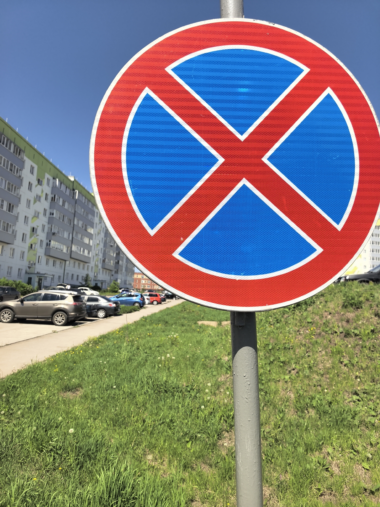 The image shows a "No Stopping" traffic sign in Фролы, Russia. The sign is a red circle with a blue background and a red "X" across it, mounted on a gray metal pole. Behind the sign, there is a green grassy area, a sidewalk, parked cars, and a residential building. The sky is clear and blue.