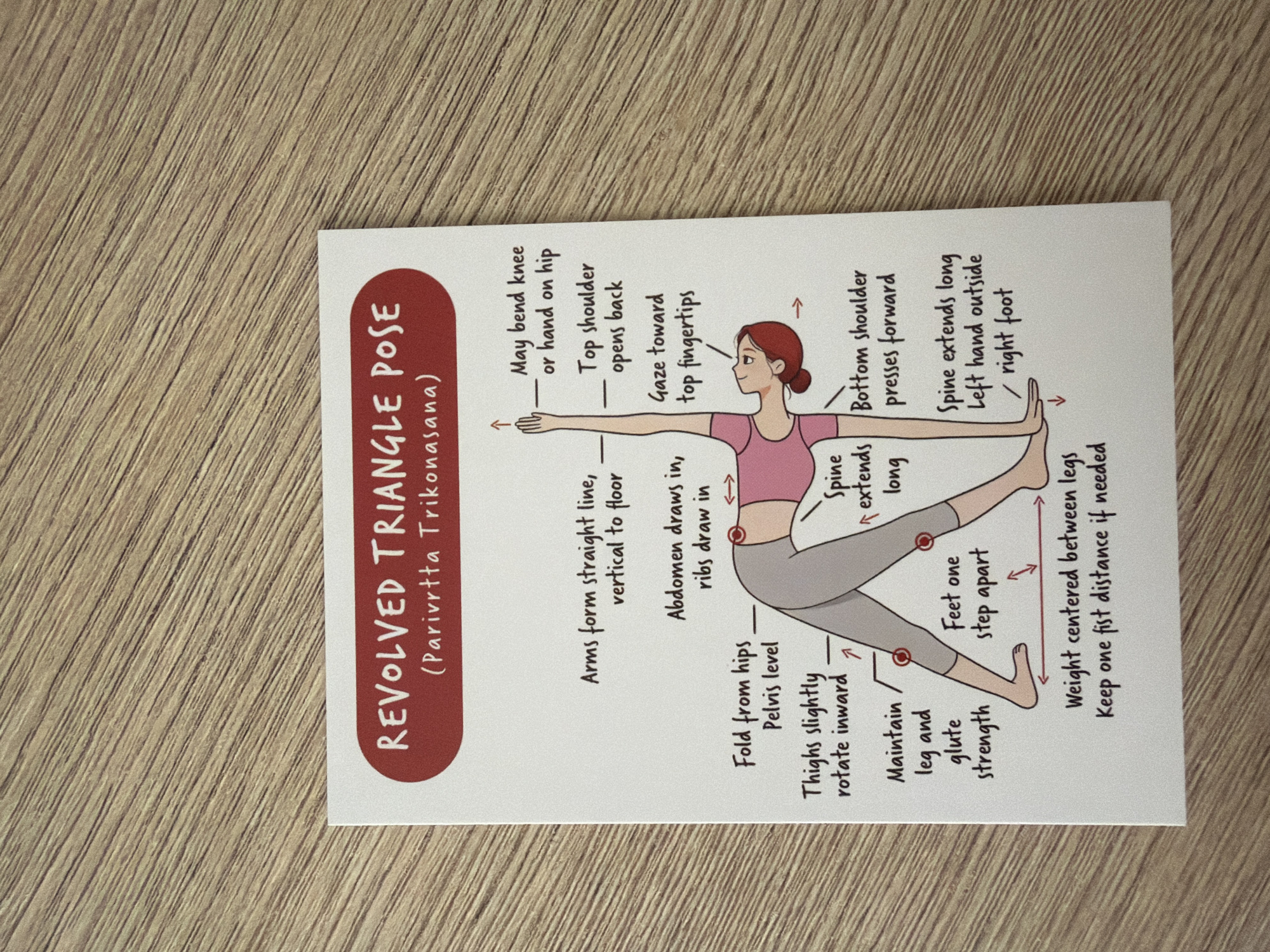 The image is a postcard with instructions on how to perform the Revolved Triangle Pose in yoga. The postcard is lying on a wooden surface, likely a table. The postcard features a cartoon illustration of a woman in the Revolved Triangle Pose, with various body parts labeled and described. The text includes instructions such as "Arms form straight line, vertical to floor," "Fold from hips, Pelvis level," "Thighs slightly rotate inward," "Maintain leg and glute strength," "Feet one step apart," "Weight centered between legs," "Keep one fist distance if needed," "Abdomen draws in, ribs draw in," "Spine extends long," "Bottom shoulder presses forward," "May bend knee or hand on hip," "Top shoulder opens back," and "Gaze toward top fingertips." The title of the pose is "REVOLVED TRIANGLE POSE (Parivrtta Trikonasana)." The postcard is white with red text for the title and black text for the instructions, and the illustration is in various colors. The wooden surface has a prominent grain pattern. There is no visible indication of the location in the city of Pazardzhik, Bulgaria.