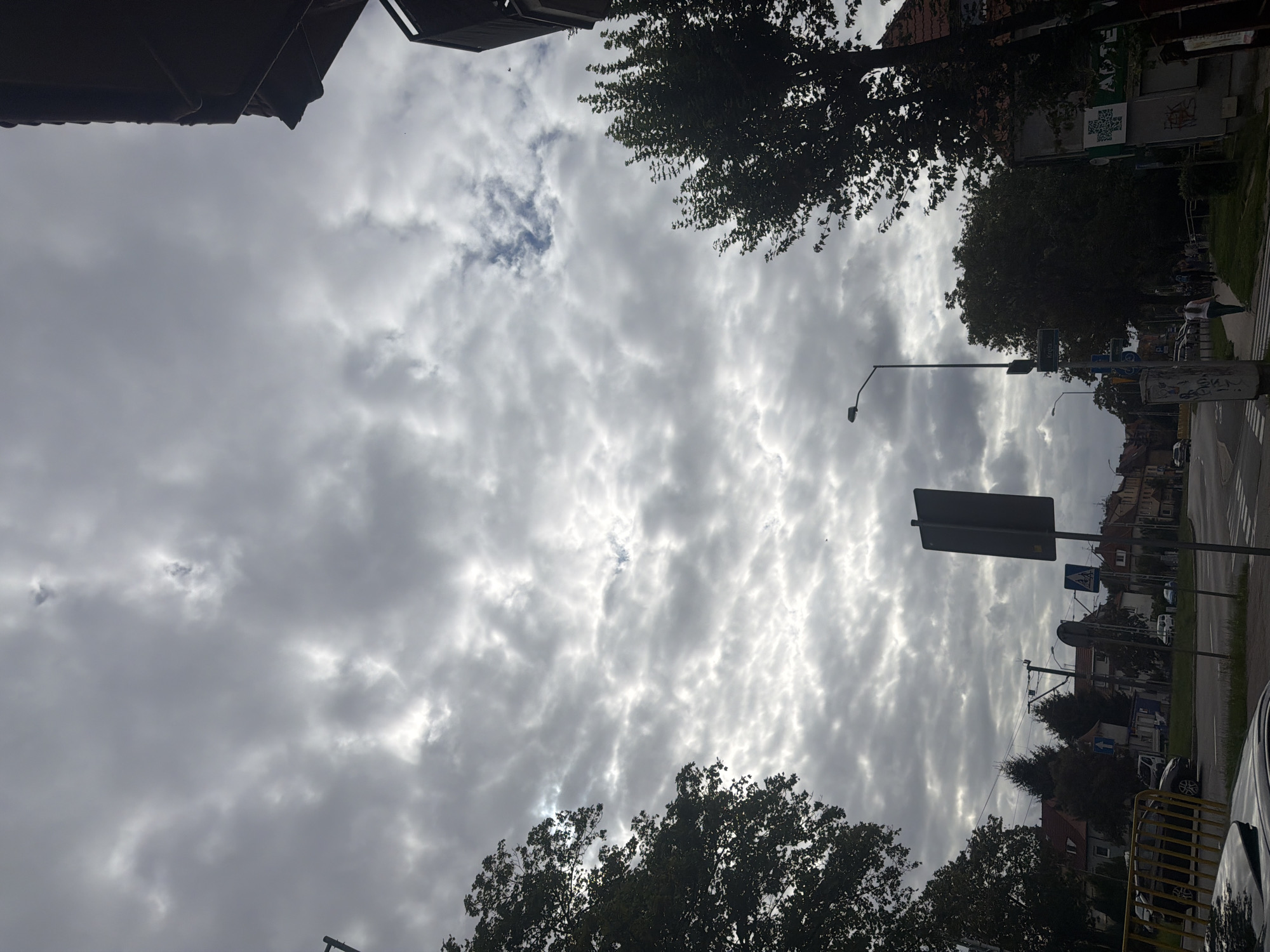 The image depicts an overcast sky filled with textured, grey clouds, with patches of lighter sky visible. In the foreground, on the left, is the silhouette of a large tree with dark green foliage. On the right, the edge of a building's dark overhang is visible against the sky. The middle ground shows a street scene in what appears to be a residential or commercial area. Trees line the street, and buildings with tiled roofs are visible. A street lamp stands on the left side of the road, and road signs are present, including a large blank rectangular sign and a blue pedestrian crossing sign. Cars are parked and driving on the road, and a few people are walking on the sidewalk. The overall impression is of a cloudy day in a European city. The presence of a street sign that reads "Koła" indicates the location is likely in Poland. Given the specific street sign, this scene is located at the intersection of Koła Street and Szafirowa Street in Szczecin, Poland.
