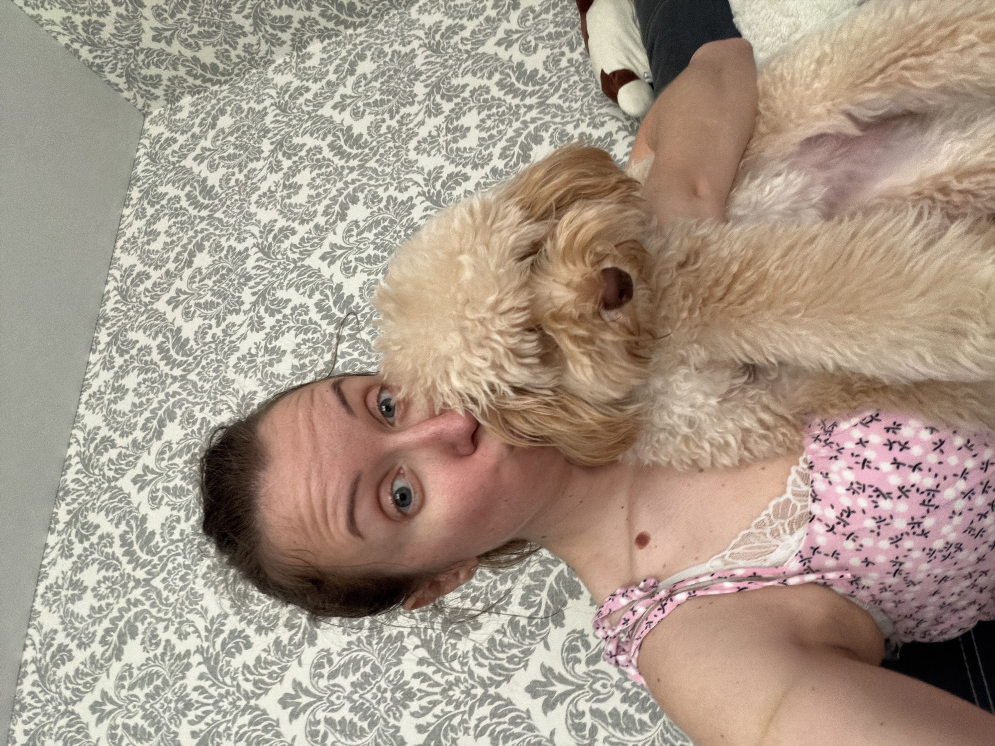 The image shows a woman with her eyes wide open, puckering her lips as she kisses a light-colored dog. She is wearing a pink and white floral top with lace trim. The dog is fluffy and appears to be a poodle or a similar breed. They are positioned in front of a wall with a grey and white damask wallpaper pattern. The scene is indoors, likely in a domestic setting. There are no indications of this scene being in Bila Tserkva, Ukraine.