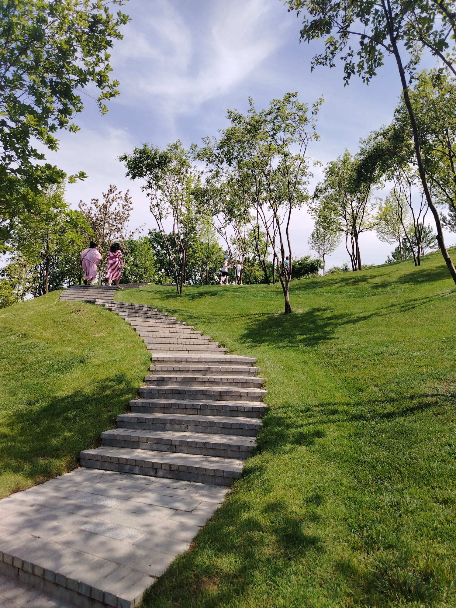 The image depicts a park scene with a paved staircase winding up a grassy hill. Two individuals, one in a pink garment and another in a striped pink and white outfit, are ascending the stairs. Further up the hill, a child wearing a blue helmet is visible, and another child is seen near some trees. The environment is characterized by lush green grass, deciduous trees with dense foliage, and a bright sky with scattered clouds. The overall impression is that of a sunny day in an outdoor recreational area. The scene is located in Krasnodar, Russia.