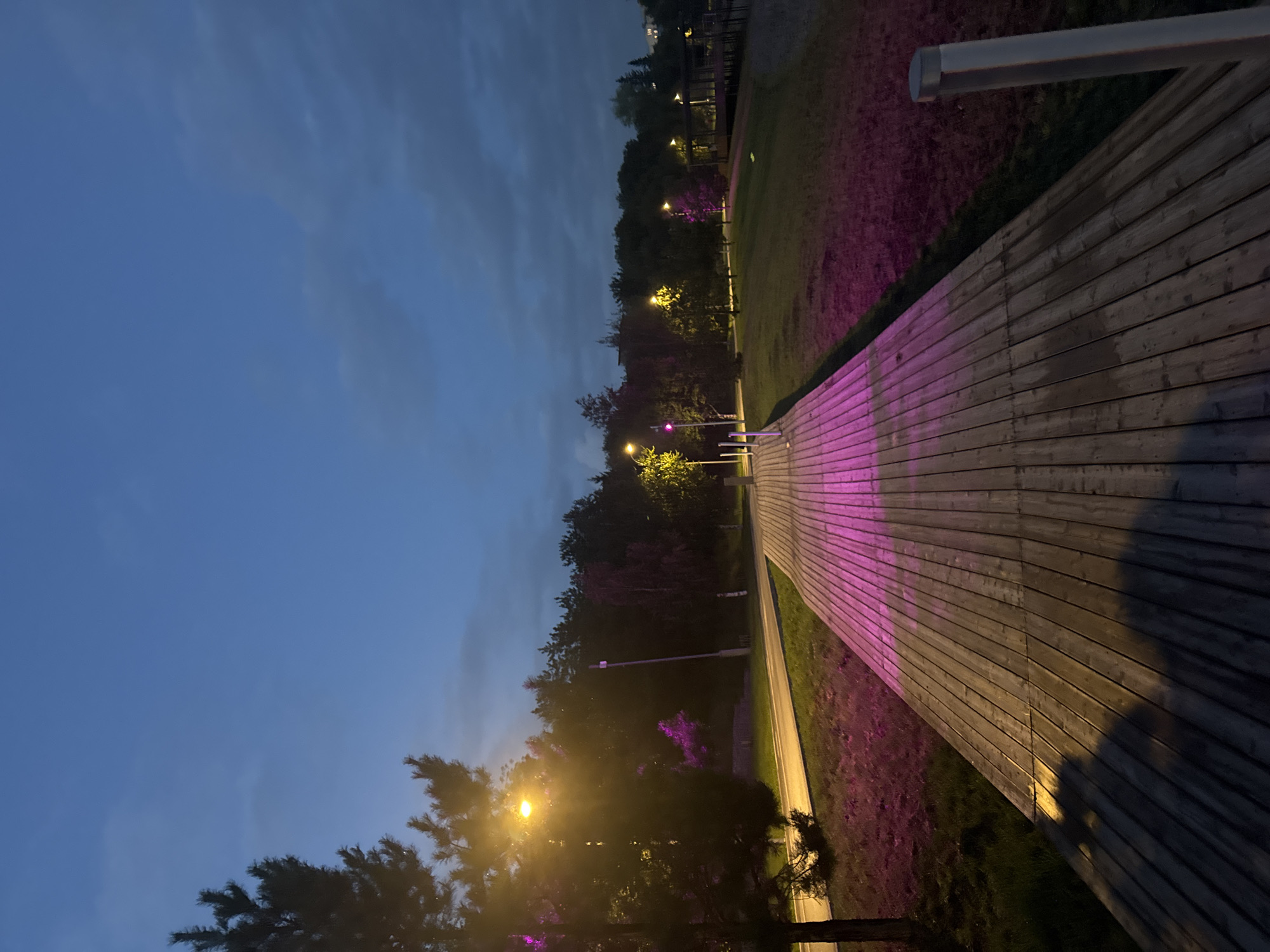 A wooden boardwalk curves through a park at dusk, illuminated by the warm glow of streetlights and vibrant pink uplighting on the surrounding trees and grass. The sky above is a deep twilight blue, with a few wispy clouds. To the left, a paved road runs parallel to the boardwalk, with a few trees and a hint of a distant building visible. The boardwalk itself is made of wide, weathered wooden planks. The scene appears to be in a public park or recreational area, possibly along a waterfront, given the flat terrain and open space. The lighting suggests an evening ambiance, with the pink lights creating an artistic and somewhat surreal atmosphere. The location is the City of Ufa, Russia.