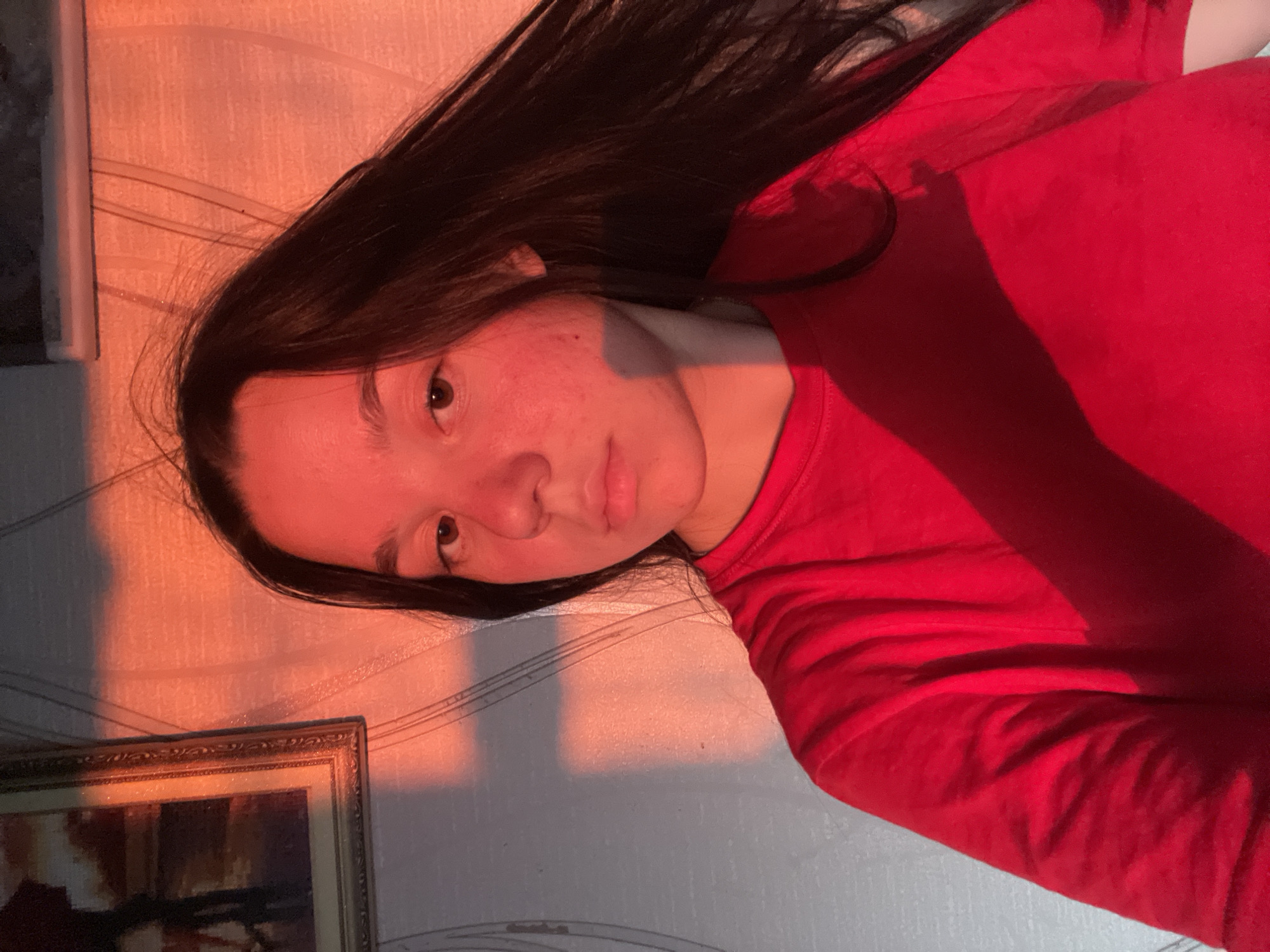 A young woman with dark hair is illuminated by warm, reddish-orange light, likely from a sunset or artificial source, casting dramatic shadows. She is wearing a bright red t-shirt. The background consists of a wall with textured wallpaper and a framed picture on the left side. The scene suggests an indoor setting, possibly a room in a residential building in Olkhovka, Russia, given the overall aesthetic and context. The lighting creates a strong contrast between illuminated and shadowed areas on her face, hair, and clothing, as well as on the wall.
