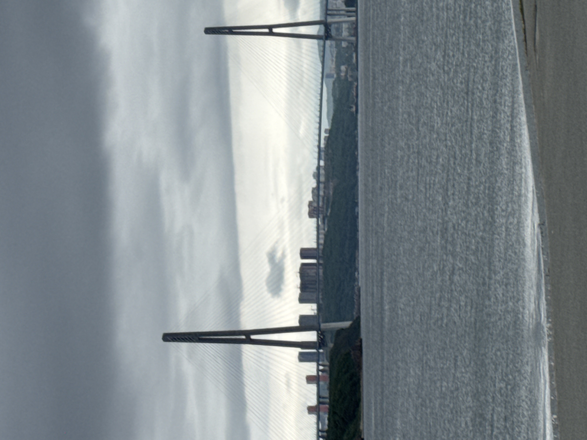This is a landscape photograph of the Russky Bridge in Vladivostok, Russia, taken from across a body of water. The sky is heavily overcast with dark, textured clouds. The bridge itself is the dominant feature, a large cable-stayed bridge with two imposing pylons. The left pylon is more centrally located in the frame, while the right pylon is further to the right. The cables supporting the bridge deck fan out from the pylons in a geometric pattern. In the background, beyond the bridge, is a hilly, tree-covered coastline with a cluster of modern buildings, including some taller, rectangular structures that appear to be apartment buildings or offices. The water in the foreground is a muted, choppy grey, with a lighter band along the shore, possibly indicating waves or a shallow area. The very bottom of the frame shows a paved surface, likely a pathway or road, in a dark grey color. The overall impression is one of a vast, man-made structure against a moody, natural backdrop.
