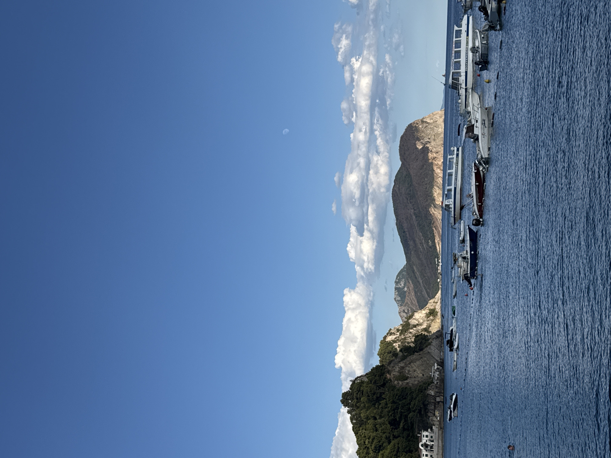 A wide-angle, outdoor, vertical, daytime shot captures a tranquil scene of a harbor in Petrovac centar, Montenegro. The deep blue sea fills the lower half of the frame, gently rippling under a clear, bright blue sky dotted with scattered white clouds. A faint crescent moon is visible in the upper right quadrant of the sky.
Numerous boats are moored in the harbor. In the foreground and mid-ground, a variety of smaller motorboats and some larger passenger boats are at anchor. Some boats are white with dark accents, while others are darker in color. One large white passenger boat in the mid-ground has "MONTENEGRO STAR" written on its side.
In the background, the coastline features rugged, tree-covered hills and mountains. To the left, a cluster of white buildings with red roofs is nestled amongst the trees. The terrain rises steeply from the sea, with rocky outcrops and dense green foliage. The overall impression is one of peaceful natural beauty and maritime activity. One person is visible in the water on the far left, swimming.