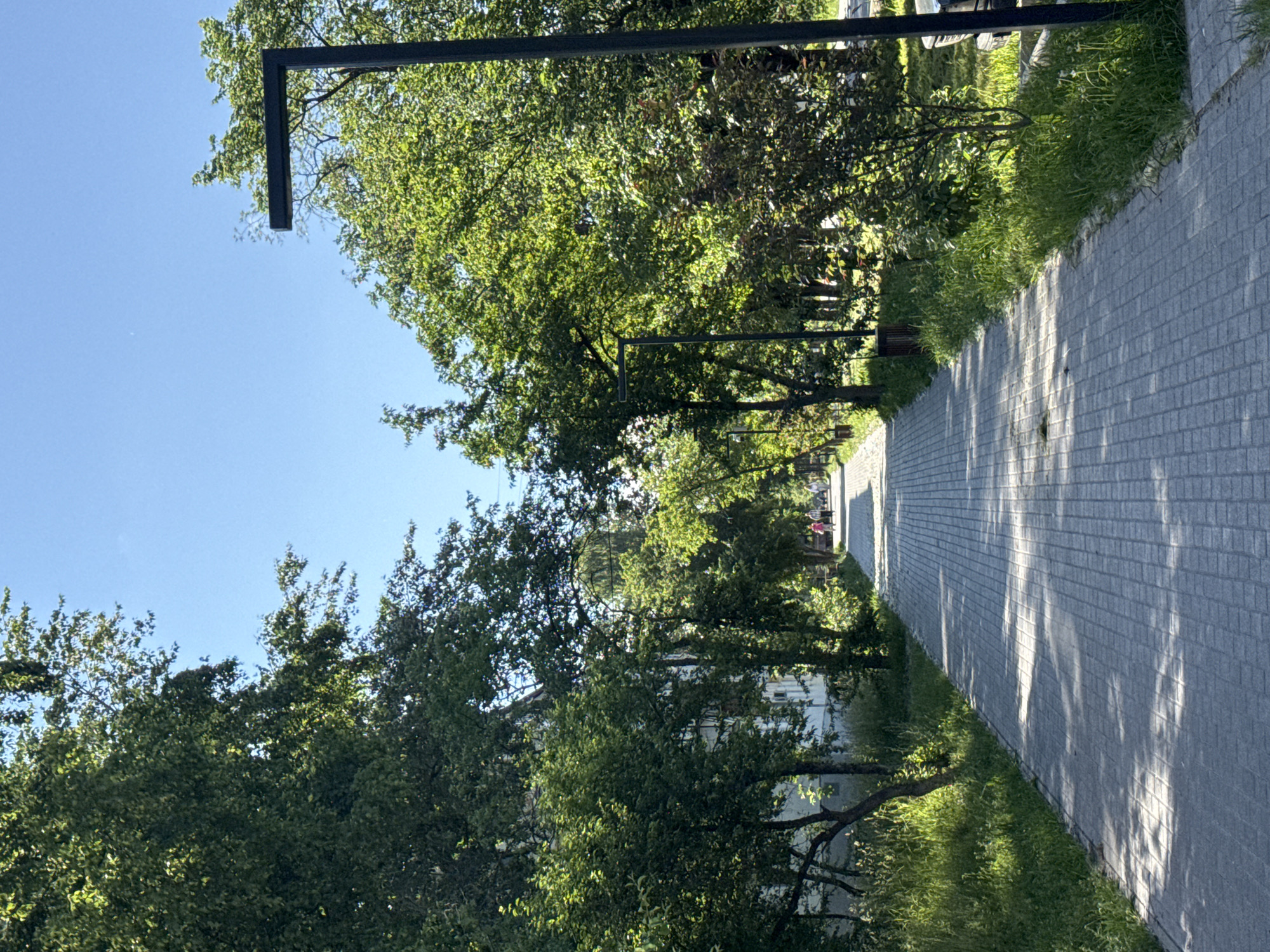 The image shows a paved walkway in a park or residential area, bordered by trees and grass. There are two lampposts visible along the right side of the walkway, and in the distance, several people are walking away from the camera. The sky is clear and blue. This scene is located in Chaikovsky, Russia, likely on a residential street with trees and a sidewalk. The time of day appears to be afternoon, judging by the shadows.