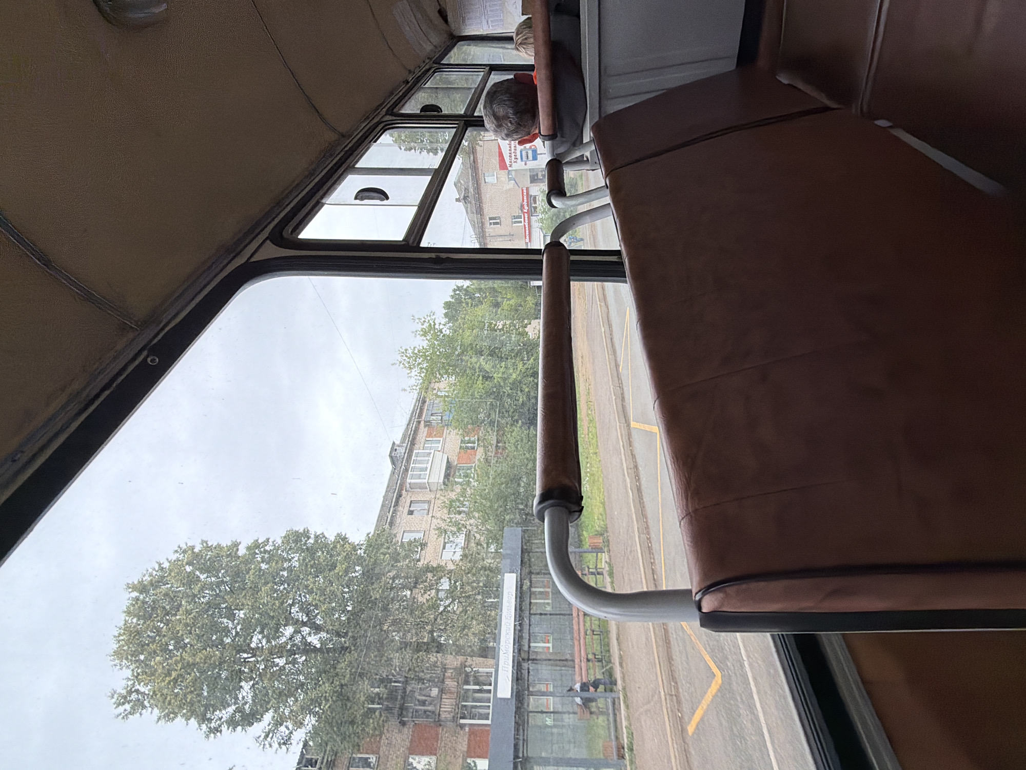 The image provides an interior view from a public transport vehicle, possibly a bus or tram, looking out a large window. The scene is dominated by the interior of the vehicle, with brown leather seats filling the right side of the frame. A metal pole with a brown leather grip extends into the foreground from the left, suggesting a handrail for passengers.
Through the window, a cloudy sky is visible, indicating overcast weather. The exterior scene depicts a residential area with multi-story brick buildings. Trees with lush green foliage are scattered throughout the view, partially obscuring the buildings. A street with yellow markings runs alongside the vehicle.
In the background, through the window of the transport, a man with gray hair wearing a red shirt is visible, seated. Another person with blonde hair is seated behind him. Some text is visible on a building in the background, appearing to be in Russian Cyrillic script. One sign reads "Мясной Кулинария" (Meat Delicacies) and another smaller sign says "Приморский Бульвар" (Primorsky Boulevard).
The overall impression is a mundane scene of daily travel on a cloudy day in a residential area of Chaikovsky, Russia. The image is taken from a slightly tilted perspective, adding to the informal and candid nature of the shot.