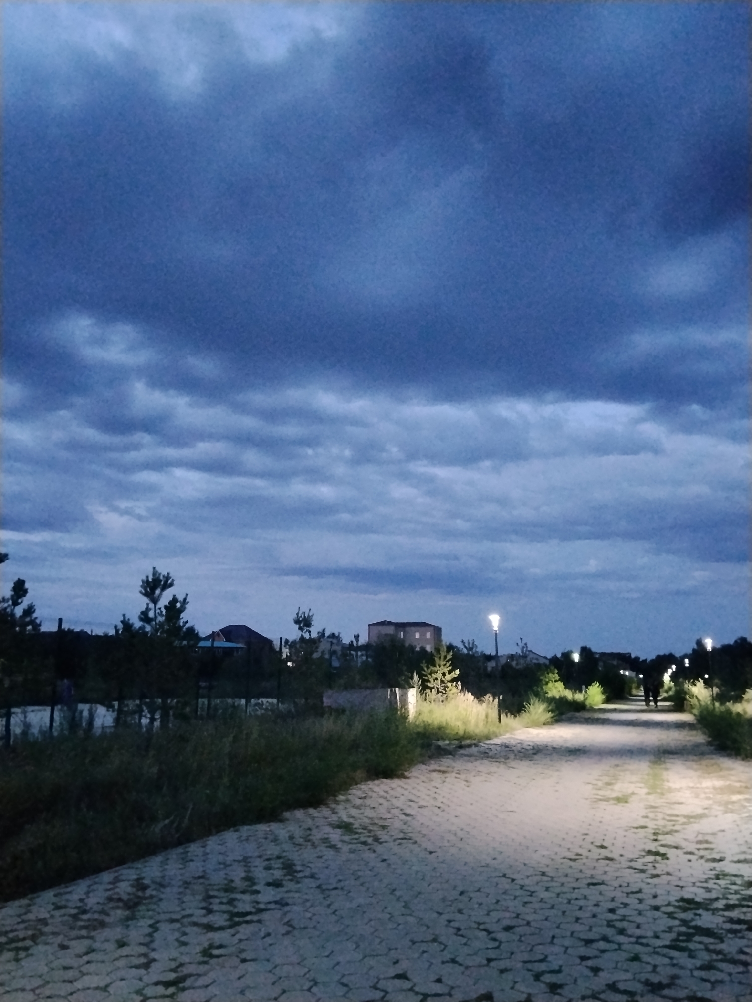 An evening scene unfolds in Kokshetau, Kazakhstan, where a paved pathway, illuminated by lampposts, curves through a park-like setting. The sky above is filled with dark, textured clouds, suggesting approaching twilight or inclement weather. On either side of the pathway, green foliage and scattered trees create a natural border. In the background, several buildings and houses are visible, some with rooflines suggesting residential or commercial structures. The pathway is constructed of interlocking stone pavers, worn with time and dappled with patches of grass or moss. The lighting from the lampposts casts a warm glow on the path and the surrounding vegetation. Two figures, silhouetted against the light, are walking away from the viewer down the path, their forms indistinct in the low light conditions. The overall impression is one of a serene, yet somewhat somber, urban landscape at dusk.