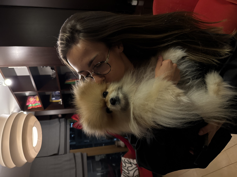 A young woman with long, dark hair and glasses is holding a small, fluffy, light-brown Pomeranian dog. She is kissing the dog's head. The background includes a bookshelf, a modern lamp, a window at night, and a red chair. The woman is wearing a black shirt. The image is well-lit.