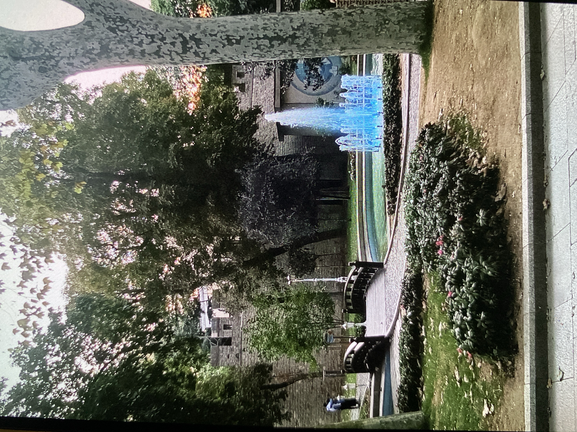 This media file captures a serene park scene in Bankya, Bulgaria, oriented vertically in the provided image (should be viewed horizontally). The central feature is a vibrant blue-illuminated fountain with multiple water jets, set within a circular pool.
Surrounding the fountain are lush green areas, manicured bushes, and numerous trees with dense foliage, some with sunlight filtering through their leaves, suggesting late afternoon or early evening. A prominent tree trunk with mottled, light-colored bark stands on the left side of the frame. Curved paved pathways line the fountain area, furnished with several decorative park benches, inviting relaxation.
In the mid-ground, behind the fountain, a substantial stone building with traditional architecture, possibly a historic structure or public facility, is visible. A circular mosaic or artwork adorns one of its walls. At least two individuals are present: one person wearing a light blue shirt and dark trousers stands near a bench close to the fountain, and another figure can be seen further in the background near the building. The overall atmosphere is peaceful and tranquil, depicting a public park designed for leisure. No discernible text is visible in the image.