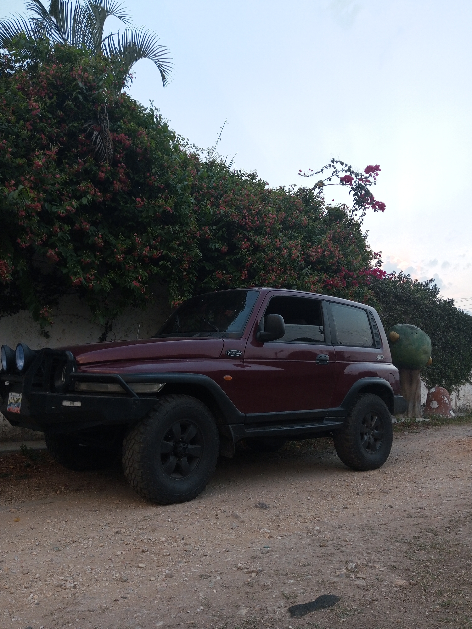 A maroon, two-door SsangYong Korando SUV is parked on a dirt or gravel road. The vehicle has black wheels, a black front bumper guard, and two auxiliary lights. The license plate is partially obscured but appears to have the characters "AC740RB." The background consists of a white wall covered in flowering vines, interspersed with green bushes and the upper fronds of a palm tree. To the right of the vehicle, there's a green, ball-shaped topiary on a pedestal. The sky is overcast. The location is Tinaquillo, Venezuela.