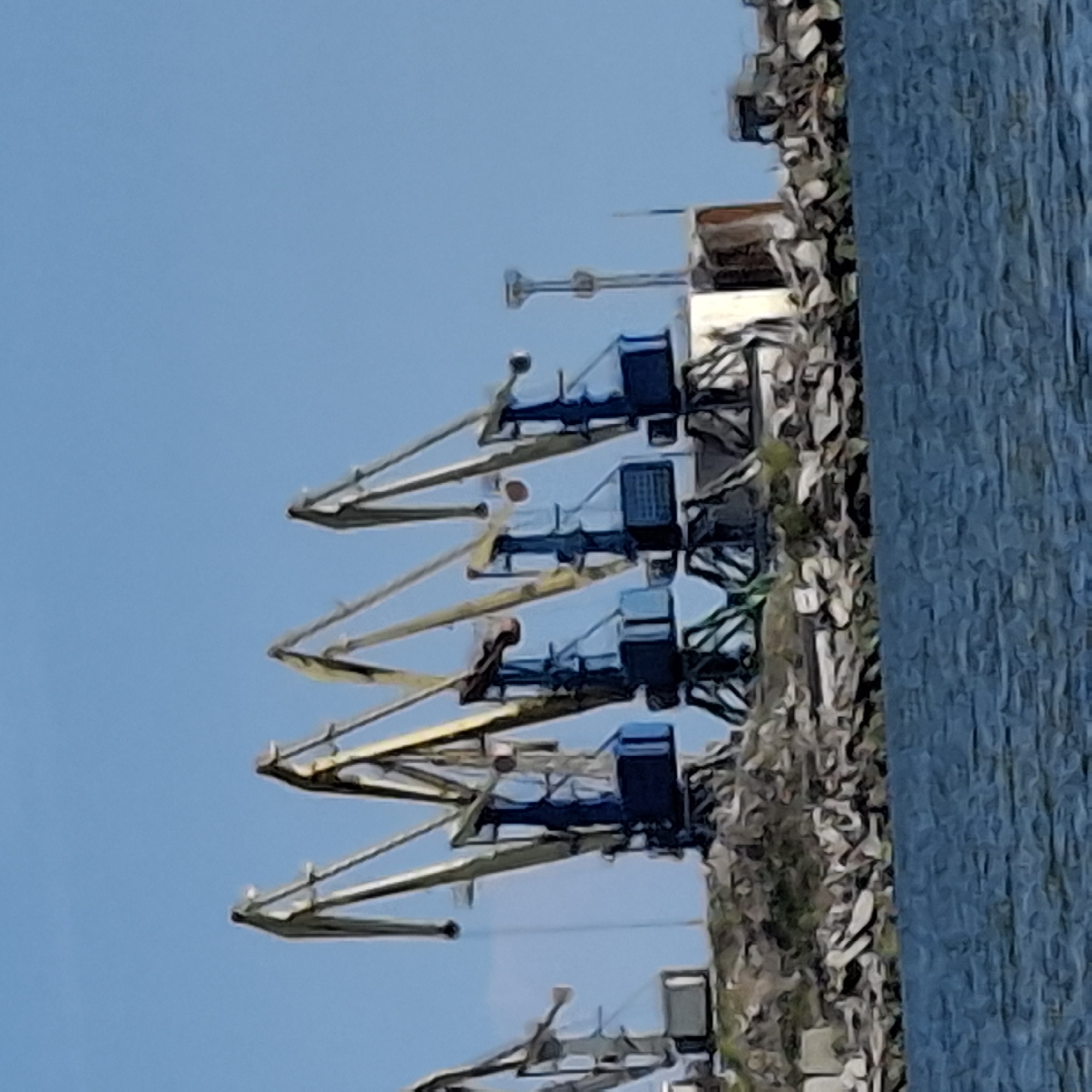 A group of four industrial cranes are positioned along a rocky shoreline under a clear blue sky. The cranes, primarily yellow and blue, are tall and appear to be a fixed port crane model with a cantilevered boom extending outward. The shoreline is covered with a mixture of large and small rocks, with some sparse vegetation visible. In the foreground, a body of blue water stretches across the bottom of the image, reflecting the sky. The scene suggests a port or industrial area where goods are likely handled. There are no people or active operations visible in the frame.