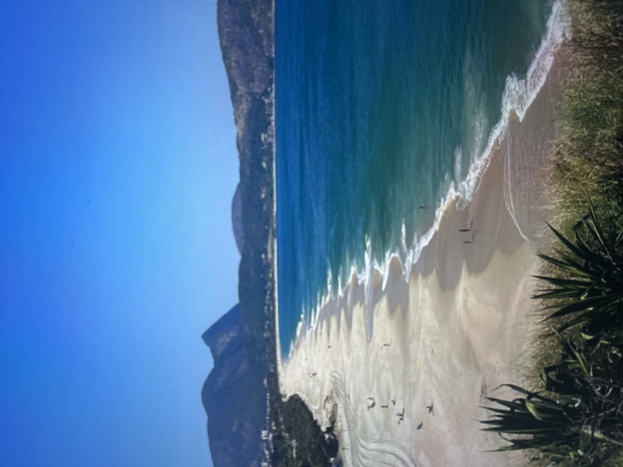 A high-angle shot shows a wide, sandy beach curving along a vibrant turquoise ocean under a clear blue sky. In the foreground, lush green vegetation, including spiky plants and dry grasses, borders the top of the frame. The beach is dotted with a few scattered individuals, some appearing to walk along the shore, others closer to the water. The gentle waves create white foam as they meet the sand. In the background, rolling hills covered in trees and some buildings rise behind the beach, with a prominent, distinctively shaped mountain peak in the distance. The overall scene is serene and suggests a sunny day at a coastal location.