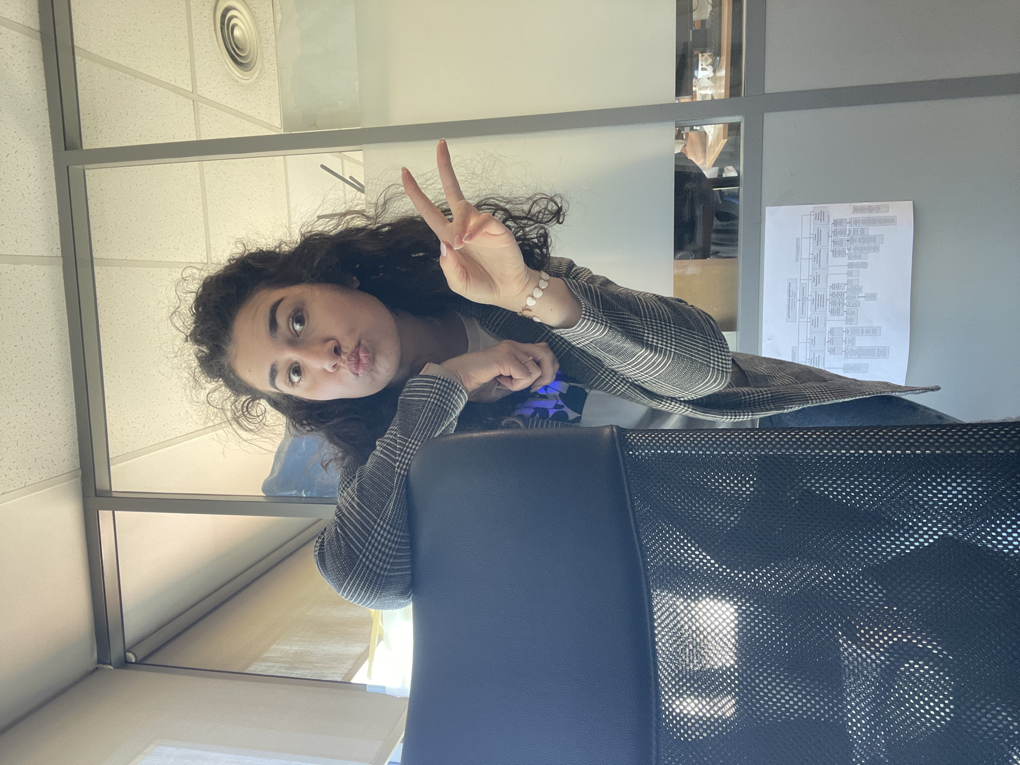 A woman with curly dark hair, wearing a patterned blazer, is making a peace sign and pursing her lips for a selfie. She's leaning on the back of a blue office chair in an office environment with glass partitions and fluorescent lighting. A white organizational chart is affixed to the wall behind her. The location is likely Sofia, Bulgaria, based on the possible office setting and architecture.