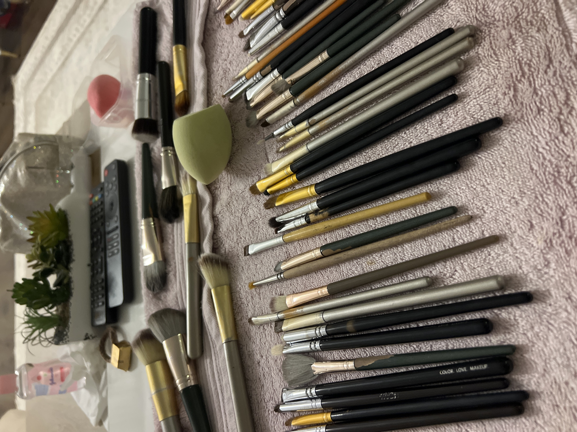In Sharm El Sheikh, Egypt, a collection of makeup brushes is laid out on a pink towel. The brushes vary in size and bristle type, with some featuring gold or silver ferrules. Interspersed among the brushes are two makeup sponges, one pink and one light green, and a black remote control. In the background, a bottle of Johnson's Baby Powder and a small planter with artificial succulents are visible. The overall scene suggests a personal grooming area.