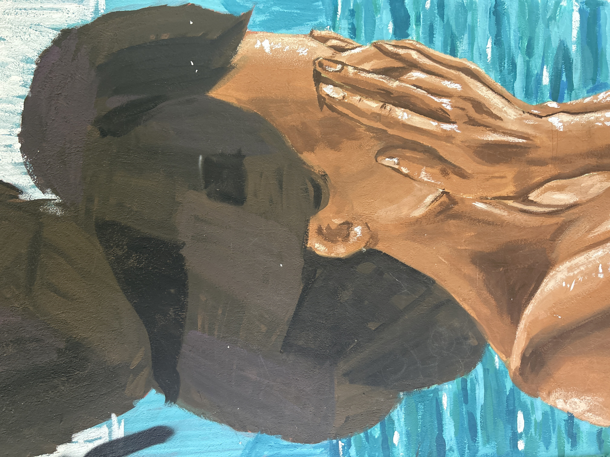 A close-up, eye-level shot shows an oil painting of two people, with one person covering the other's eyes. The person whose eyes are covered is light-brown skin toned, and the person's hands covering the eyes are the same skin tone. The other person has dark-brown hair. The background is vertical strokes of light-blue paint, with some white vertical highlights. The exact location is not provided.