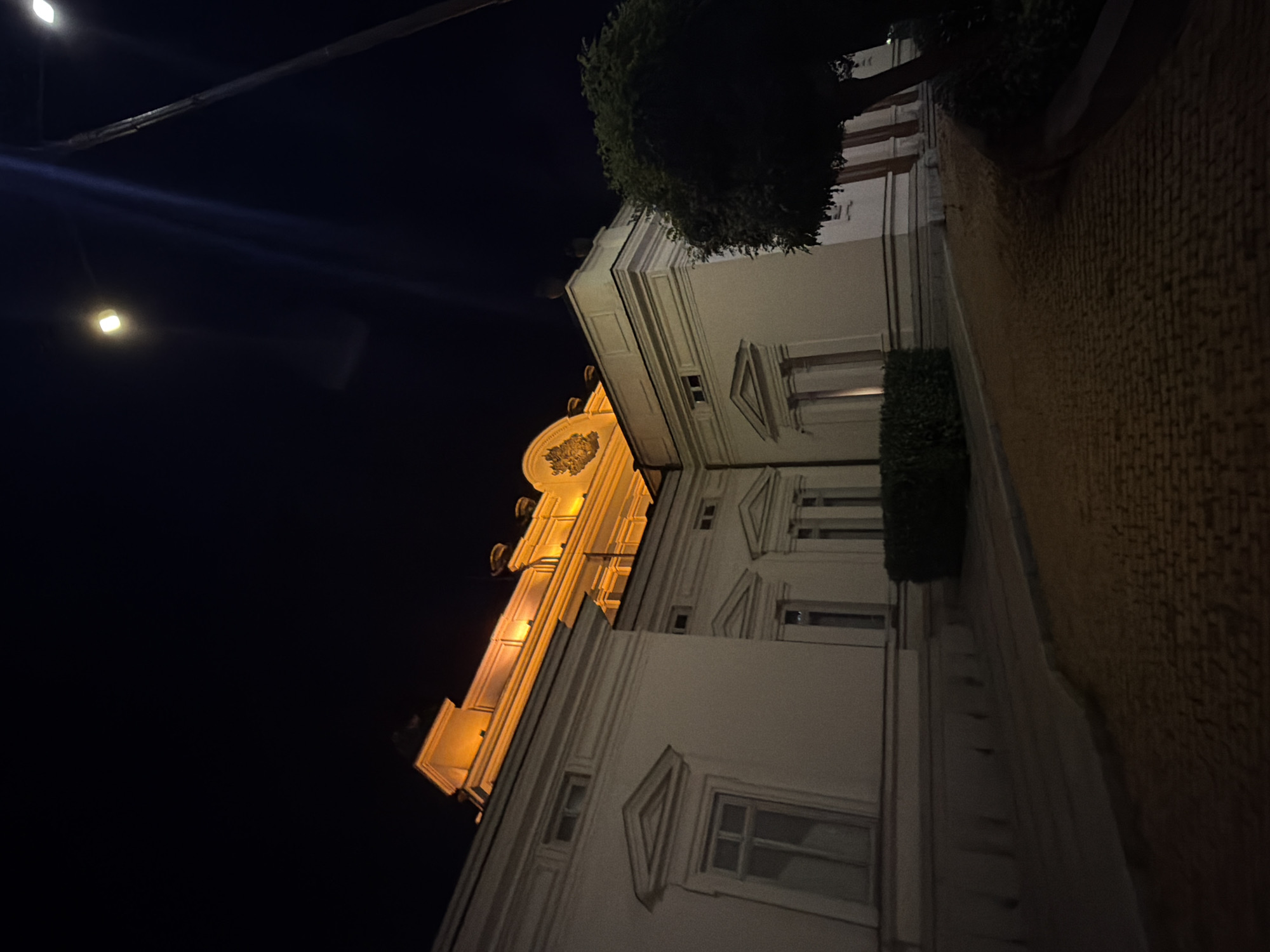 The image captures a building in Sofia, Bulgaria, at night, illuminated by artificial lights. The architecture appears to be neoclassical, with large windows and decorative elements. The building is white, with the upper floors and roofline highlighted by a warm, yellow light. A paved walkway, made of what looks like cobblestones, leads up to the building. A dark green bush is visible in front of the building, and a large tree with dark foliage is positioned to the right, partially obscuring the building's facade. A streetlamp with a bright light is present in the upper right corner of the image, and another light is visible in the distance. The sky is dark, indicating nighttime. There are no people or animals visible in the frame.