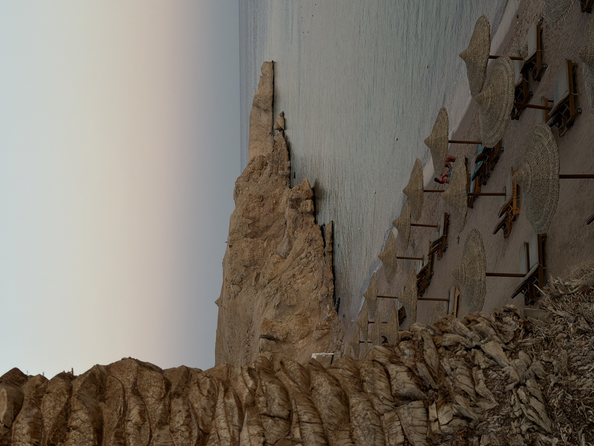 The image displays a serene coastal landscape during what appears to be either sunrise or sunset, characterized by soft, diffused light. The scene is viewed from an elevated perspective, looking down over rugged terrain towards a beach and the sea.
In the midground, a prominent, earthy brown cliff face juts out, separating the calm, light blue-grey waters of the sea on the right from the upper sky on the left. The sky transitions from a pale blue-grey at the top to a subtle, warm, pinkish-orange hue closer to the horizon, indicating the early or late hours of the day.
Along the sandy beach below the cliffs, several rows of thatched or wicker parasols are neatly arranged, each accompanied by wooden sun loungers. One person is visible under a parasol, relaxing on a lounger, wearing what appears to be swimwear with red and blue elements.
The immediate foreground is dominated by a rough, textured surface, likely a large, weathered rock formation or the trunk of a palm tree, providing a natural frame for the scene. The overall impression is one of tranquility and leisure, typical of a resort beach. No discernible text is visible in the image. The setting is consistent with a coastal area like Sharm El Sheikh, Egypt, known for its beautiful beaches and rocky landscapes.