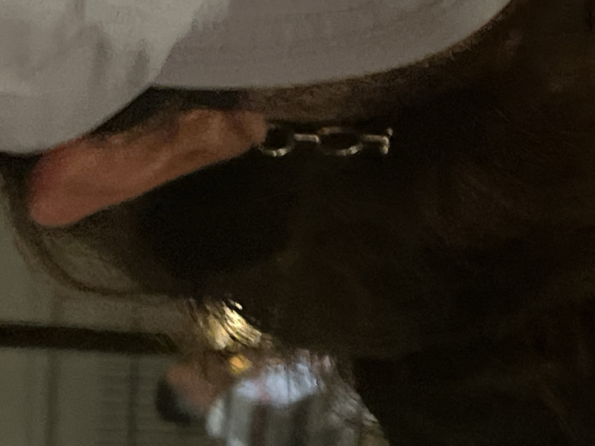 An extreme close-up shot focuses on a person's earlobe, adorned with a silver chain earring. The earring consists of three interconnected oval links followed by a horizontal bar at the bottom. The earlobe itself appears reddish, possibly due to lighting or skin tone. To the left of the ear, a blurred figure of a person wearing a striped shirt is visible in the background, along with reflections on a glass surface. The overall environment is dark and indistinct, suggesting an indoor setting or low-light conditions. The image does not provide any specific information about the location in Budva, Montenegro.