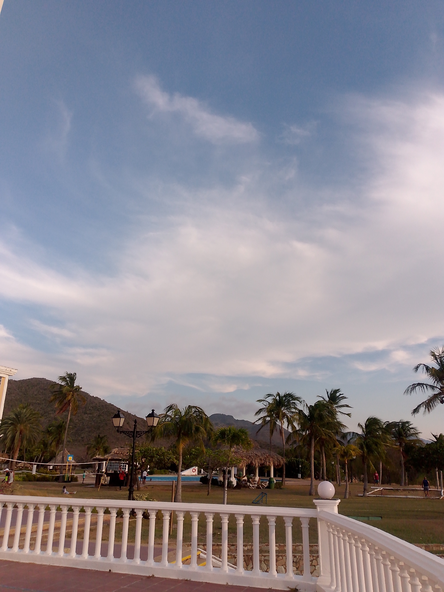 The image presents a view of a tropical landscape under a partly cloudy sky. In the foreground is a white balustrade. Beyond the balustrade is a grassy area dotted with palm trees. In the midground, there are several thatched-roof structures. In the background, there is a low, mountainous region. There are a few people visible in the middle ground, engaged in various activities such as walking or standing near structures. The location appears to be in a resort-like area in Pedro González, Venezuela, based on the given information.