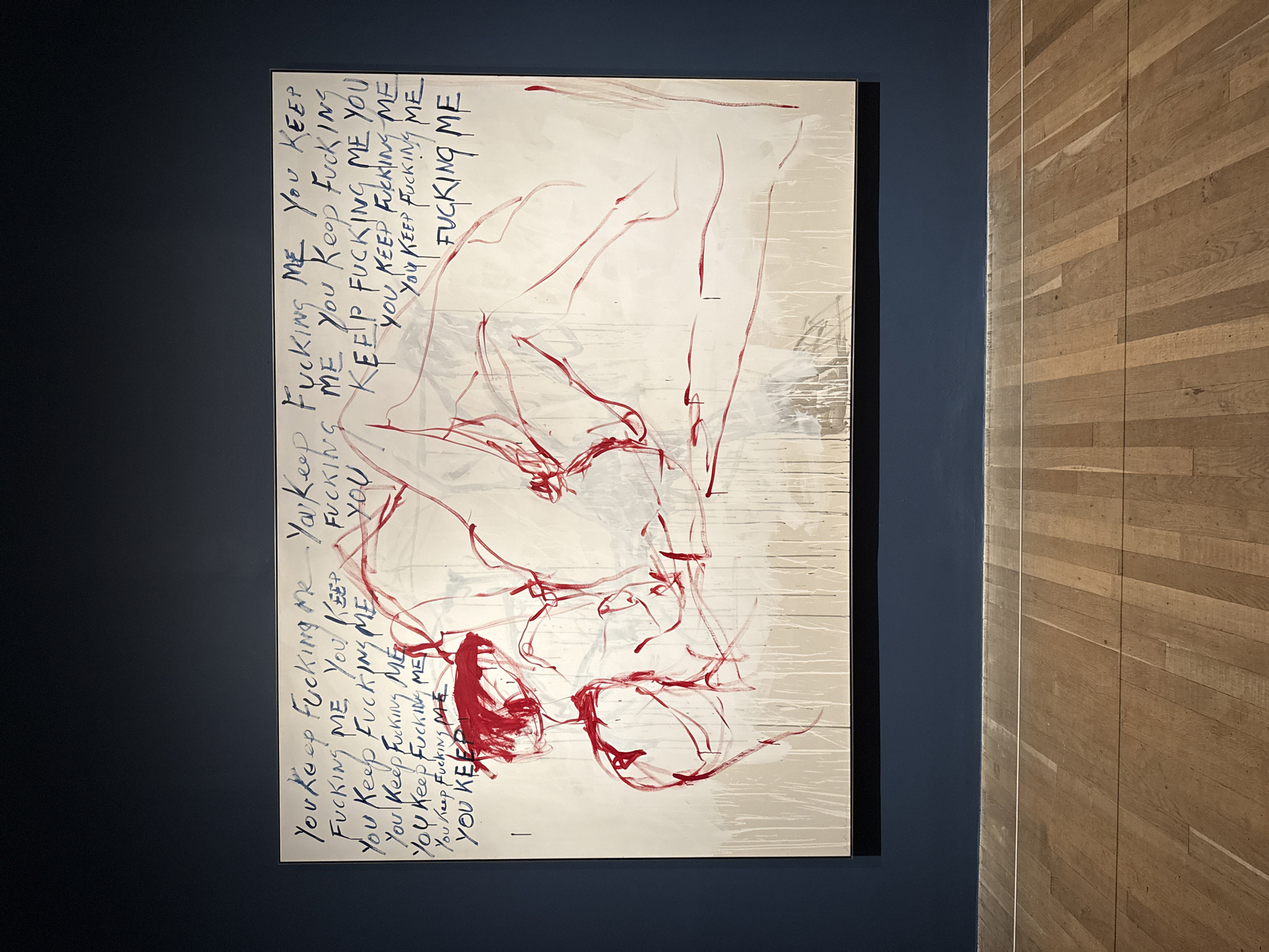 The photograph captures a modern art piece displayed on a dark blue wall inside a gallery. The artwork consists of a white canvas with a sketch of a human figure rendered in red, along with the phrase "You Keep Fucking Me" inscribed repeatedly in blue ink. The style of the painting is somewhat abstract, with the sketch appearing unfinished. The gallery space also features a wooden-paneled wall adjacent to the artwork.