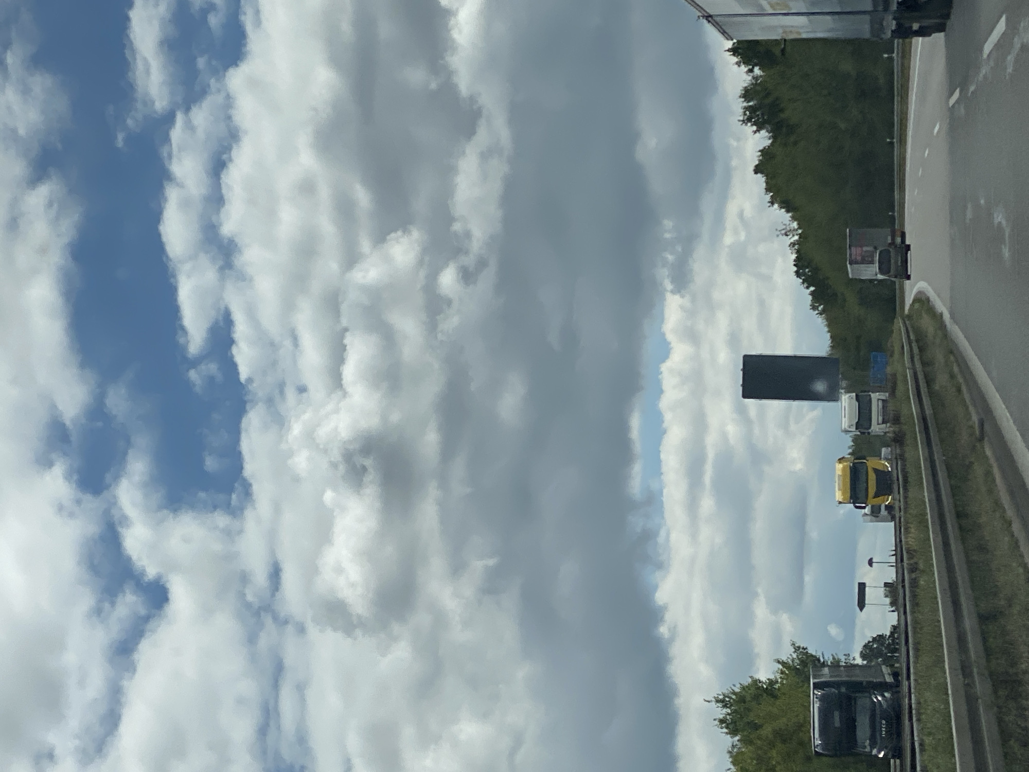 The image depicts a highway scene with a cloudy sky. Several trucks are visible on the road. In the foreground, a black truck with "IVECO" branding is on the left lane. To its right, a yellow truck is in the middle lane, followed by a white truck in the right lane. Further down the highway, a small silver vehicle is driving on the right lane, and a large white trailer truck is partially visible on the far right. The background features a dense line of green trees and a tall, dark, rectangular structure in the distance. The highway is divided by a median with guardrails. The context provided indicates this scene is in Roßwein, Germany.