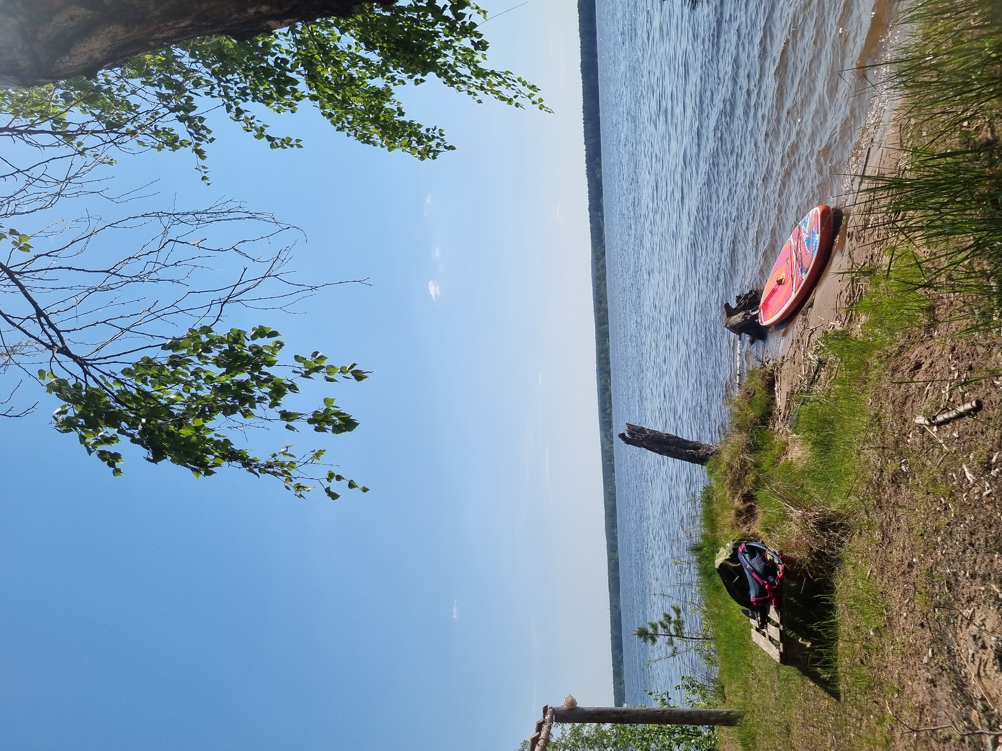 The image depicts a lakeside scene, likely in a natural setting. The foreground features a sandy shoreline covered with grass, and a backpack rests on a wooden pallet. A red paddleboard is beached on the shoreline. The middle ground is filled with a large body of water, extending towards a distant shoreline of trees. The sky is blue with few clouds. Branches and leaves of trees are visible in the upper left corner, framing the scene. The orientation of the image suggests it was taken from a low angle, possibly with a mobile device. The image contains no people. The location is not specified.