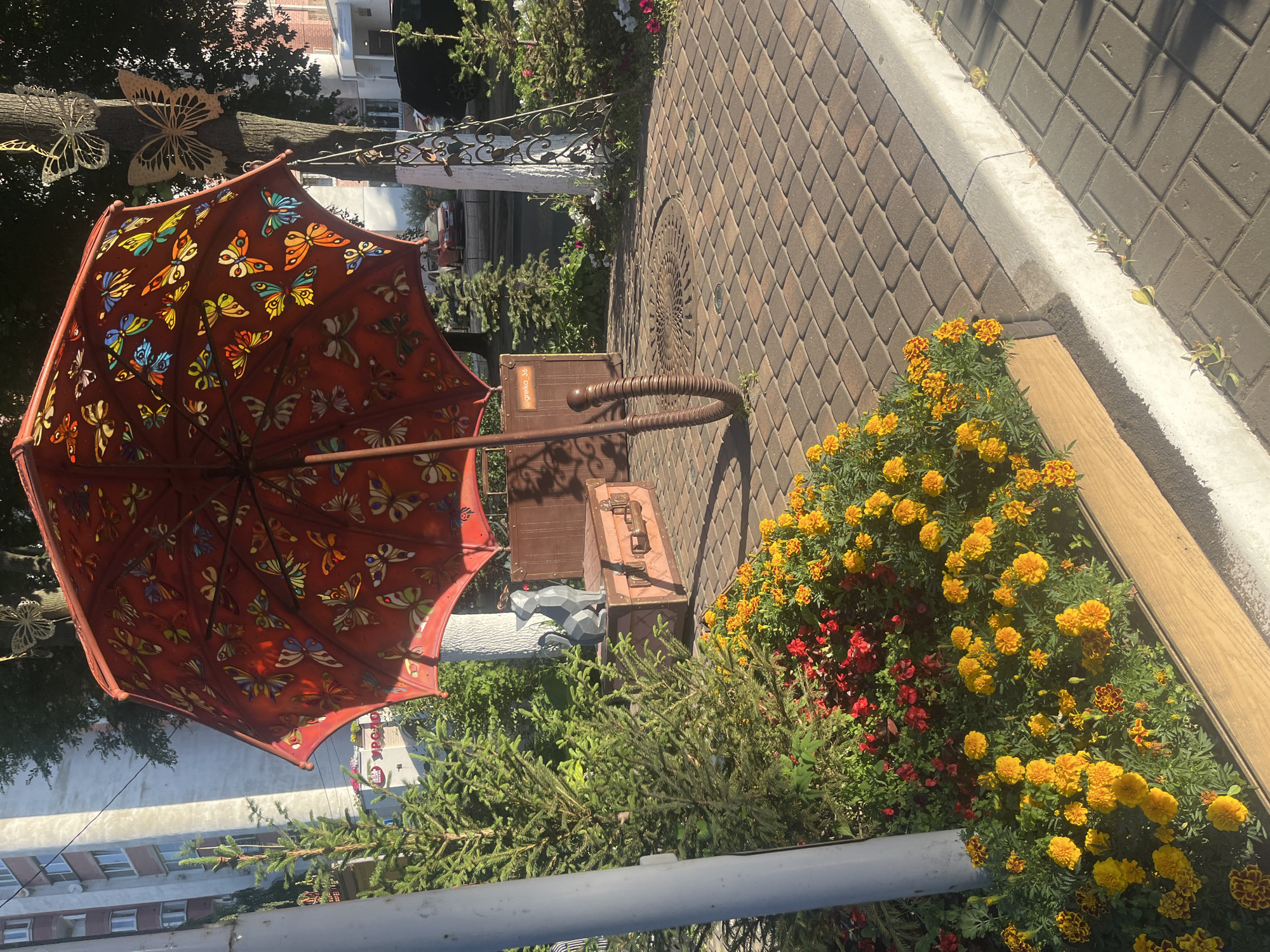 This is a media file showing a decorative outdoor scene in Voronezh, Russia. The main subject is a large, open red umbrella adorned with a colorful butterfly pattern. The umbrella is propped open, resting on a metal stand with a curved handle. Beside it, on a brick-paved walkway, are two vintage-style brown suitcases, one open to reveal some grey, abstract figures inside.
In the foreground and to the right, a vibrant flowerbed bursts with yellow and red marigolds, creating a lively contrast to the darker tones of the umbrella and suitcases. A few evergreen branches are also visible, adding a touch of greenery. The background shows hints of a building and trees, suggesting an urban park or garden setting. The lighting indicates it is daytime, likely sunny, given the strong shadows. There are no people visible in the frame, and the overall impression is one of a whimsical and well-maintained public space. A faint watermark "@greika_36" is visible on one of the suitcases.
